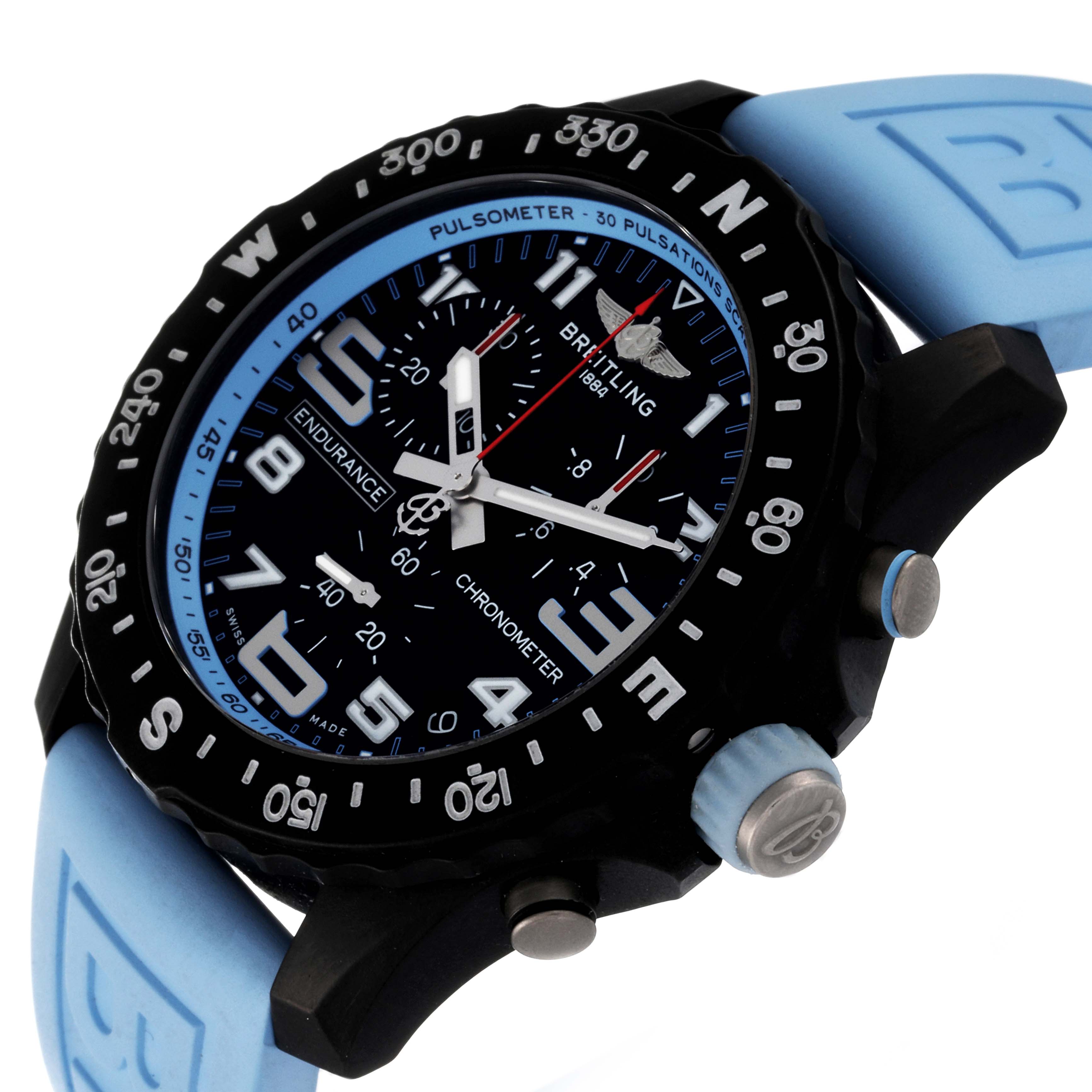 This Breitling Professional Series X82310 Men's Ceramic Black Dial X82310 Men's Ceramic Black Dial watch is angled to show its face, bezel, pushers, and blue strap.