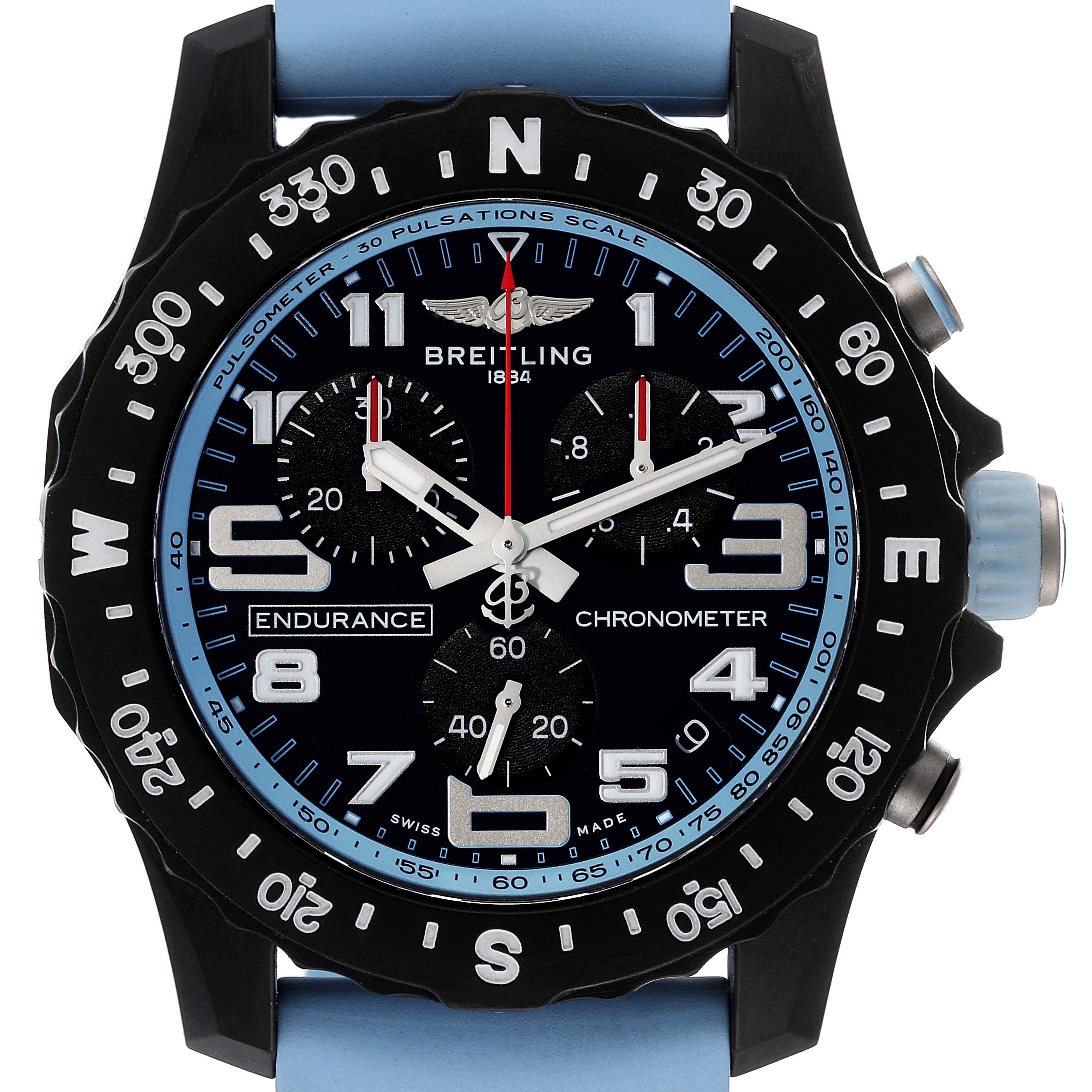 The image shows a front view of the Breitling Professional Series X82310 Men's Ceramic Black Dial X82310 Men's Ceramic Black Dial Endurance chronometer watch, including its face, bezel, and pushers.