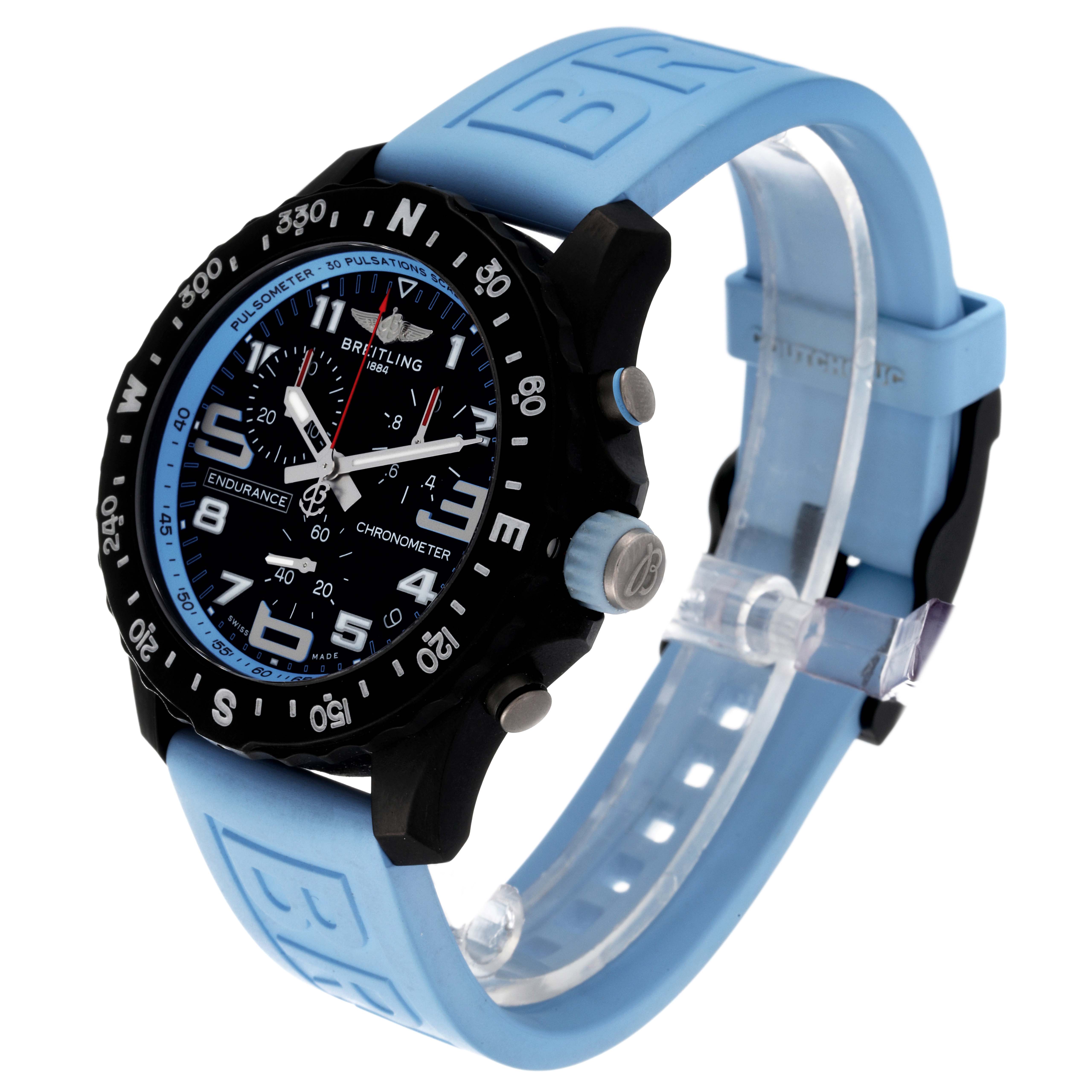 This image shows a Breitling Professional Series X82310 Men's Ceramic Black Dial X82310 Men's Ceramic Black Dial watch from a left-side angle, featuring a light blue strap and black bezel.