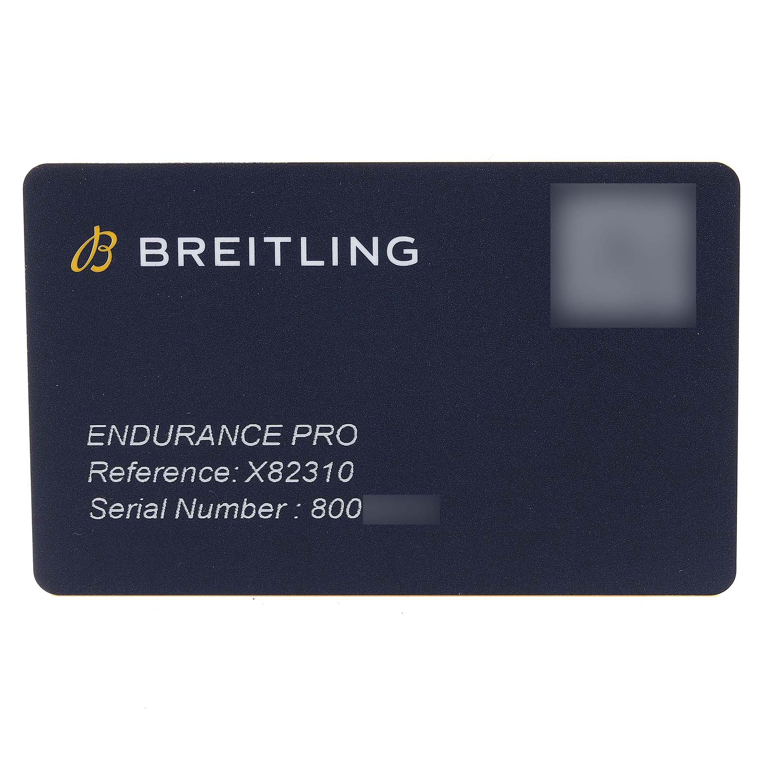 The image shows a warranty card for the Breitling Endurance Pro (Professional Series) with the model reference X82310.