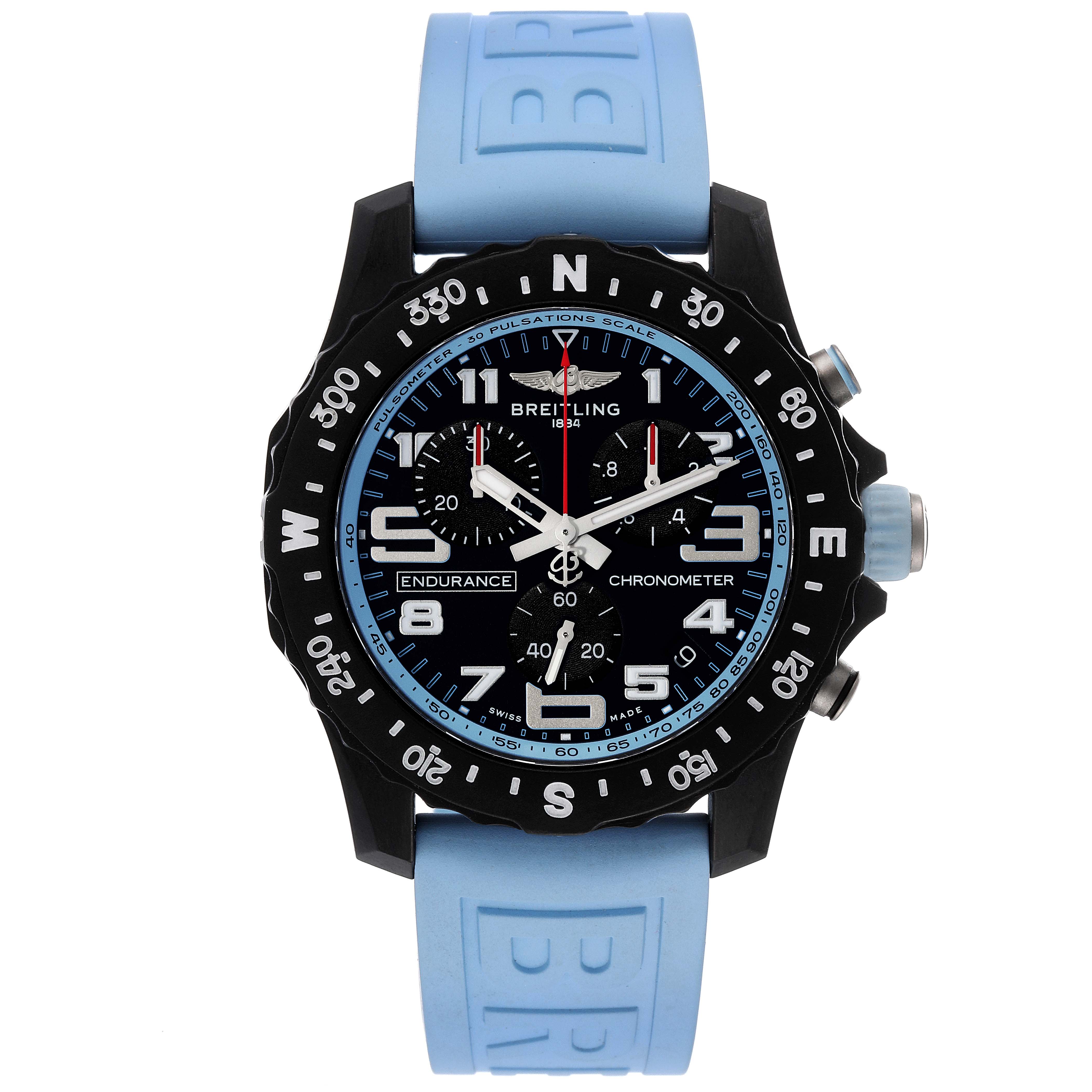 The image shows a front view of a Breitling Professional Series X82310 Men's Ceramic Black Dial X82310 Men's Ceramic Black Dial watch, featuring a blue strap and black bezel.