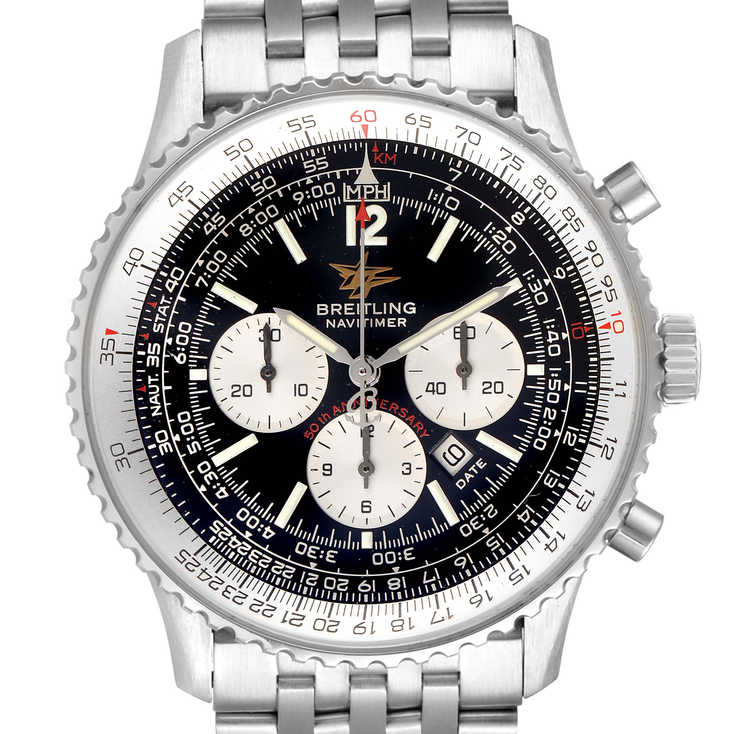 This is a front view of the Breitling Navitimer A41322 Men
s Stainless Steel Black Dial A41322 Men
s Stainless Steel Black Dial watch, showcasing its dial, bezel, and stainless steel bracelet.