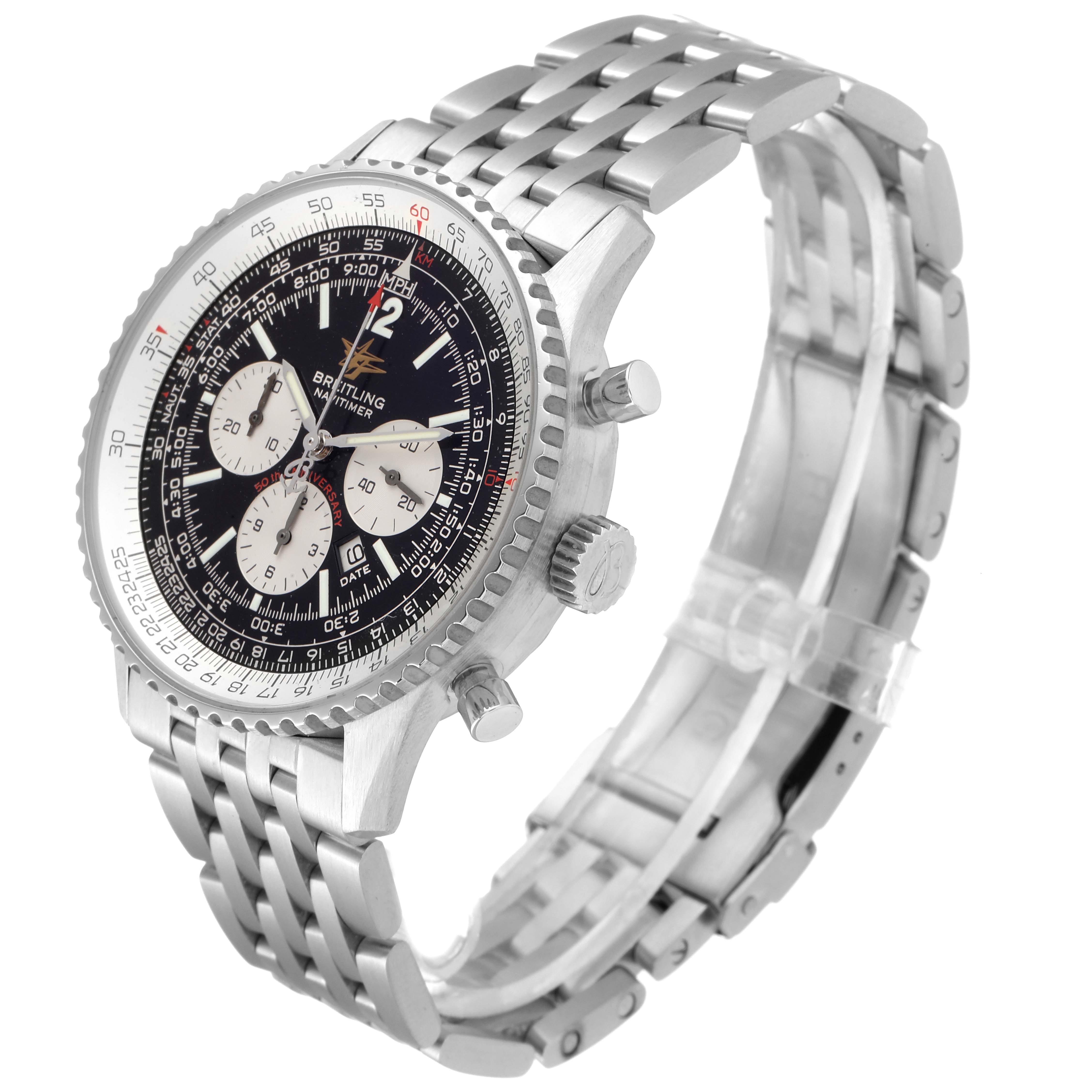 The image shows a Breitling Navitimer A41322 Men
s Stainless Steel Black Dial A41322 Men
s Stainless Steel Black Dial watch at an angle, highlighting the watch face, case, crown, pushers, and metal bracelet.