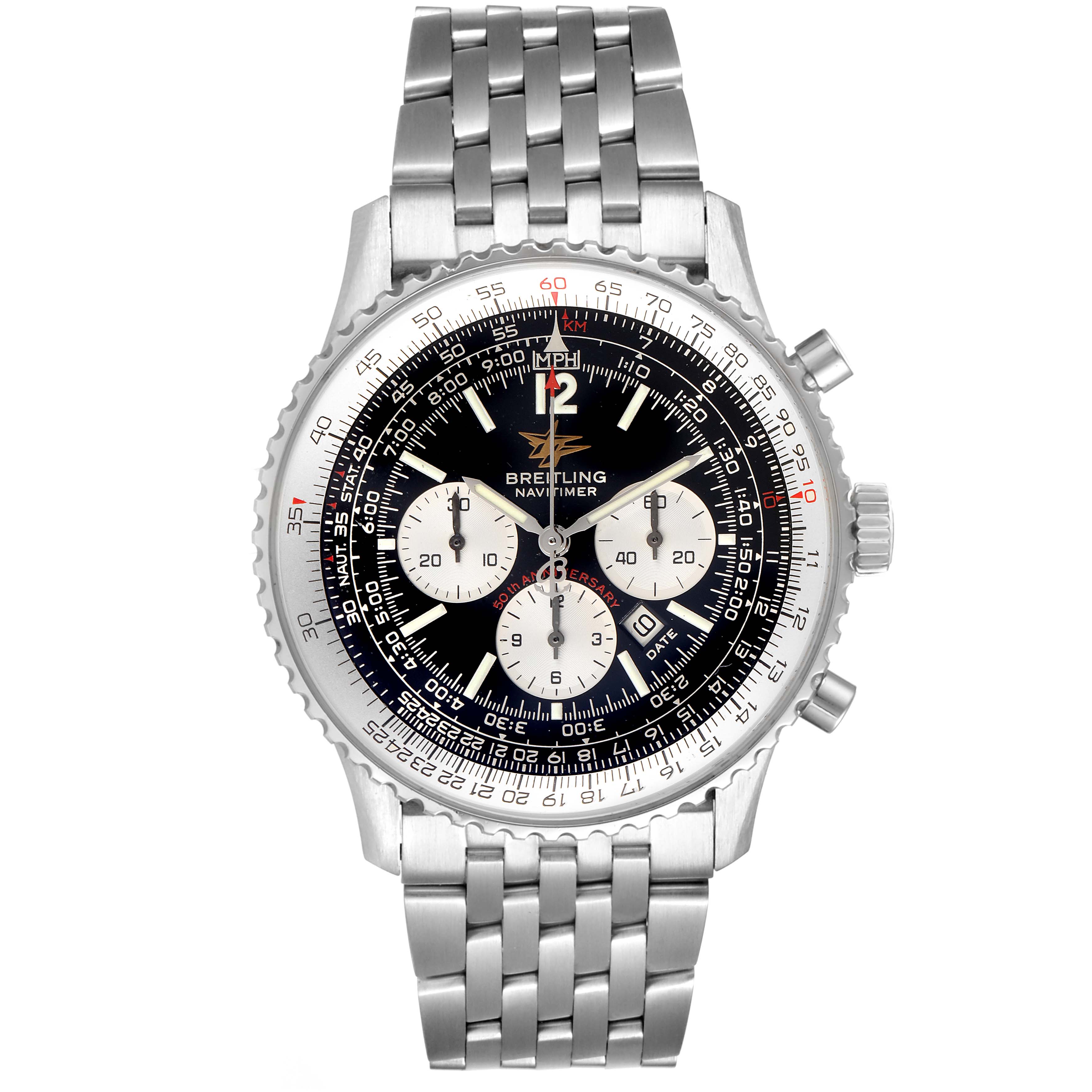 The Breitling Navitimer A41322 Men
s Stainless Steel Black Dial A41322 Men
s Stainless Steel Black Dial watch is shown from the front, displaying its face, chronograph subdials, bezel, and metal bracelet.