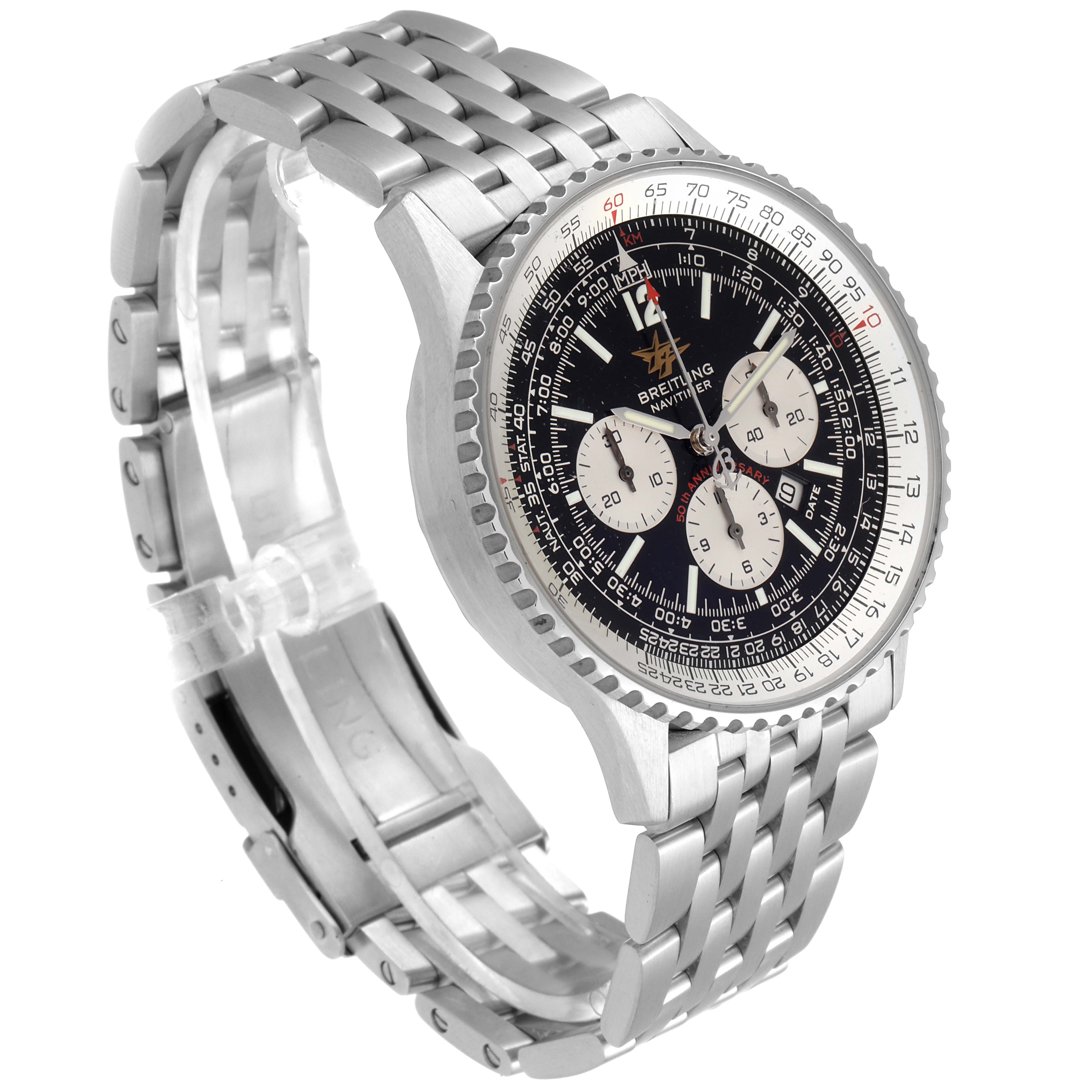 This image shows a side-angle view of a Breitling Navitimer A41322 Men
s Stainless Steel Black Dial A41322 Men
s Stainless Steel Black Dial watch, displaying its face and metal bracelet.