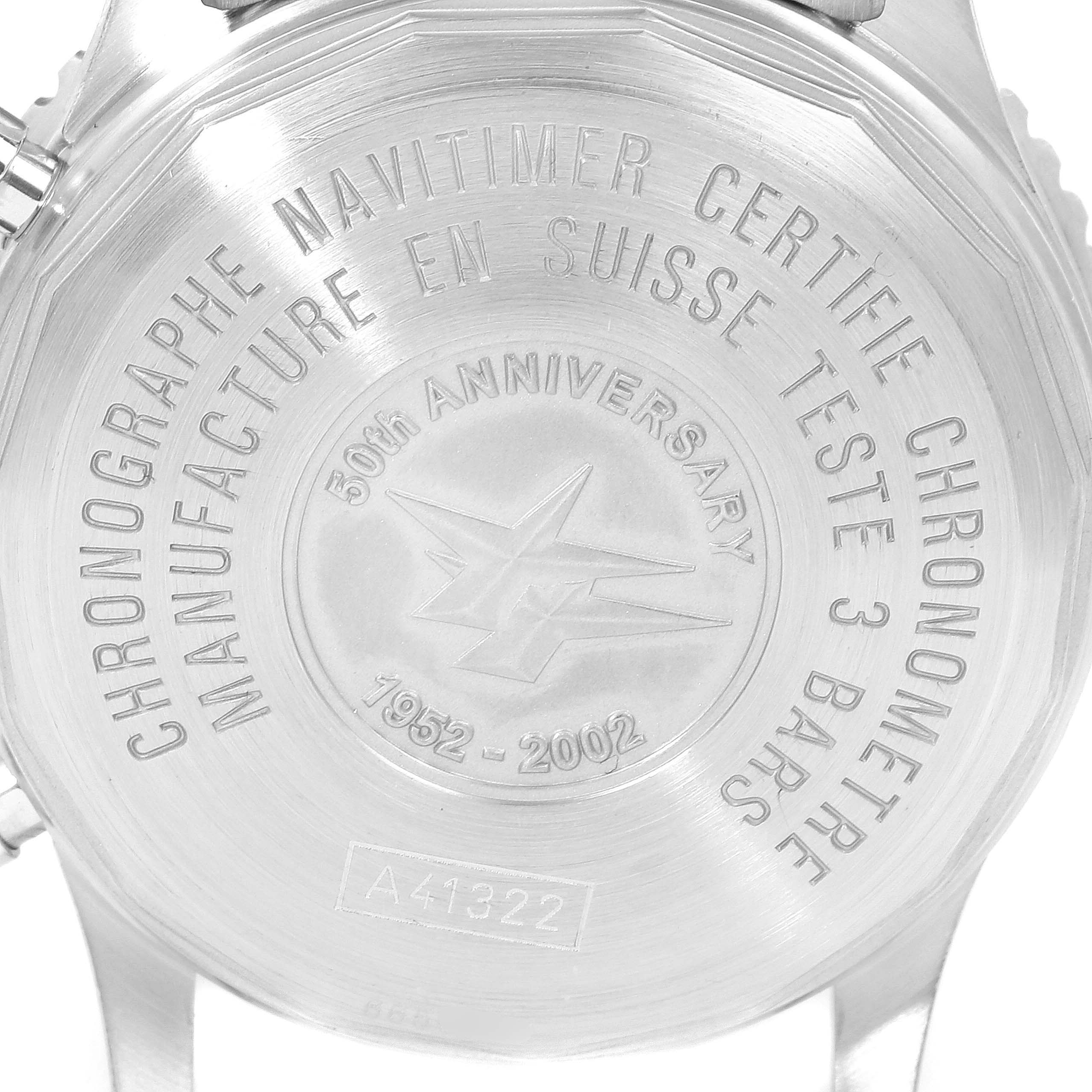 The image shows the back case of a Breitling Navitimer A41322 Men
s Stainless Steel Black Dial A41322 Men
s Stainless Steel Black Dial watch, including engravings of the model, brand, and anniversary details.