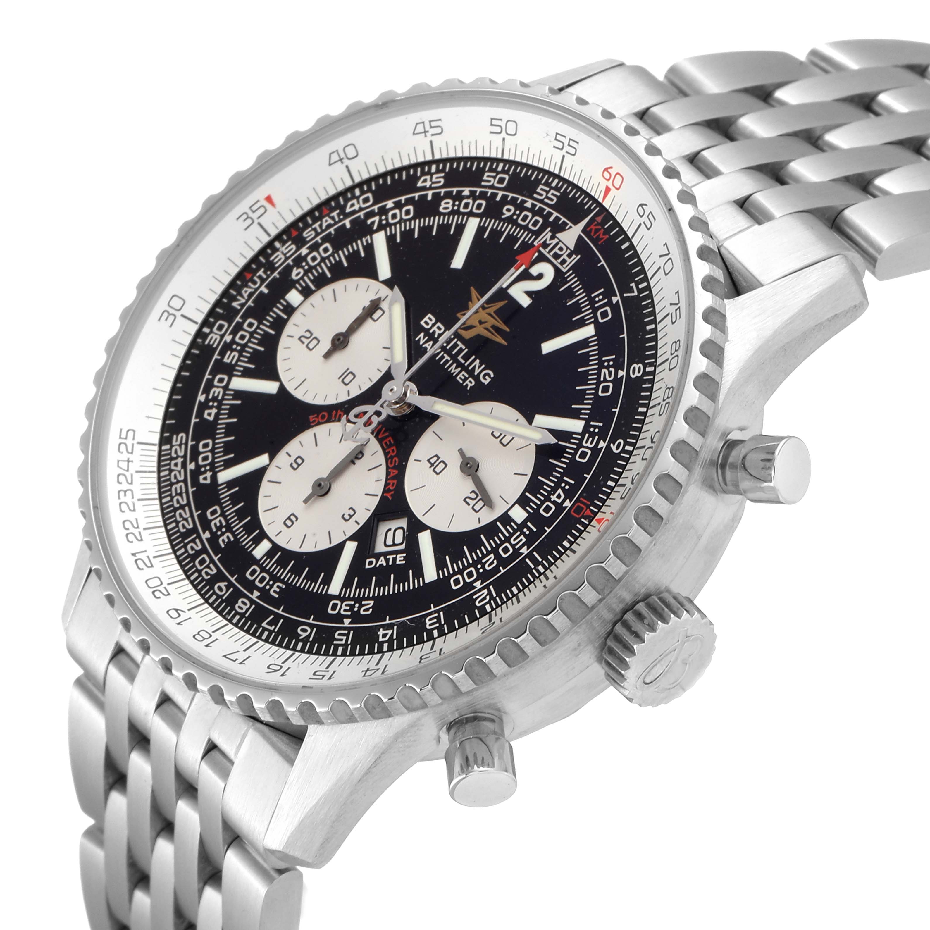 The image shows a side view of the Breitling Navitimer A41322 Men
s Stainless Steel Black Dial A41322 Men
s Stainless Steel Black Dial watch, focusing on the watch face, bezel, crown, pushers, and metal bracelet.