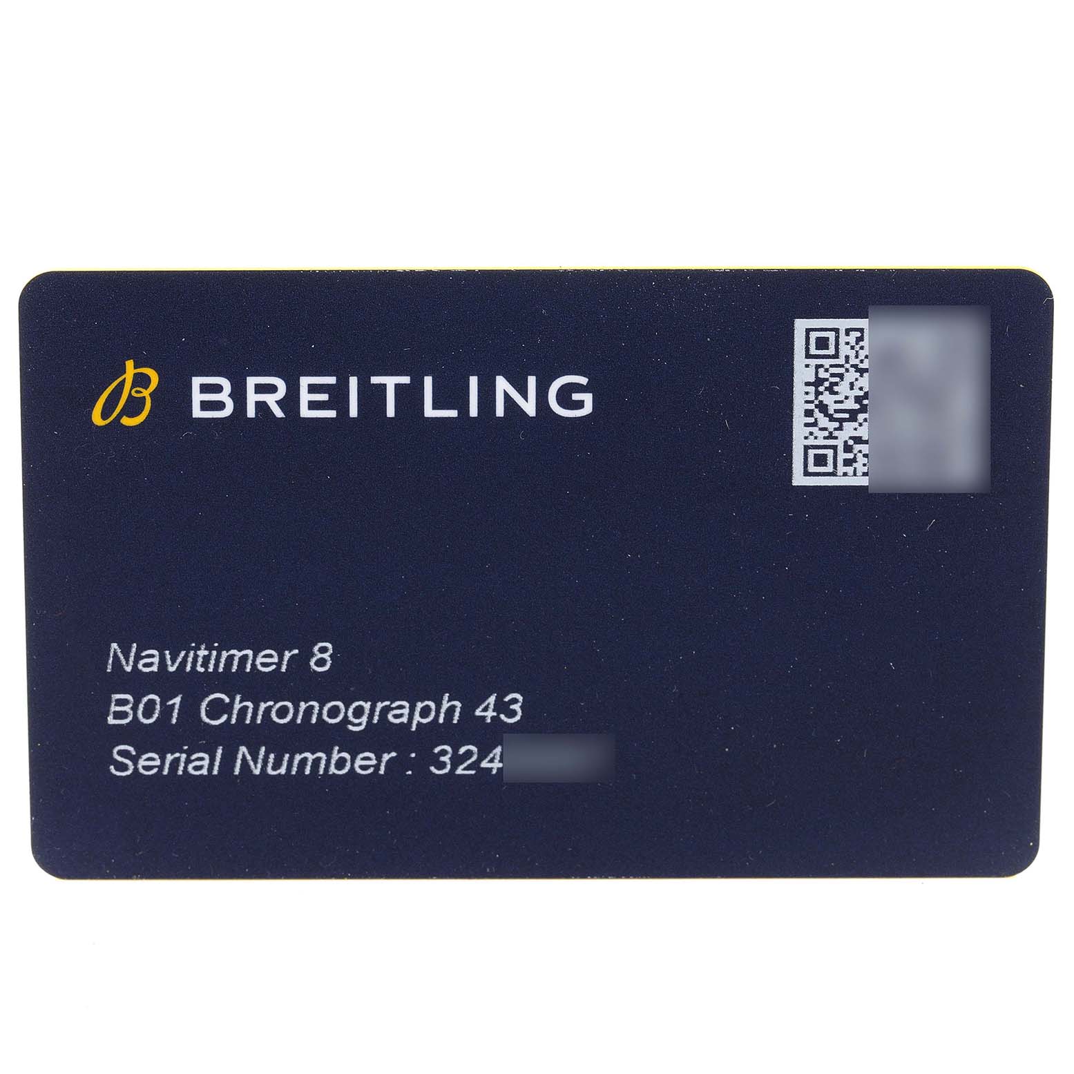 This image shows a warranty or identification card for a Breitling Navitimer 8 B01 Chronograph 43 watch.