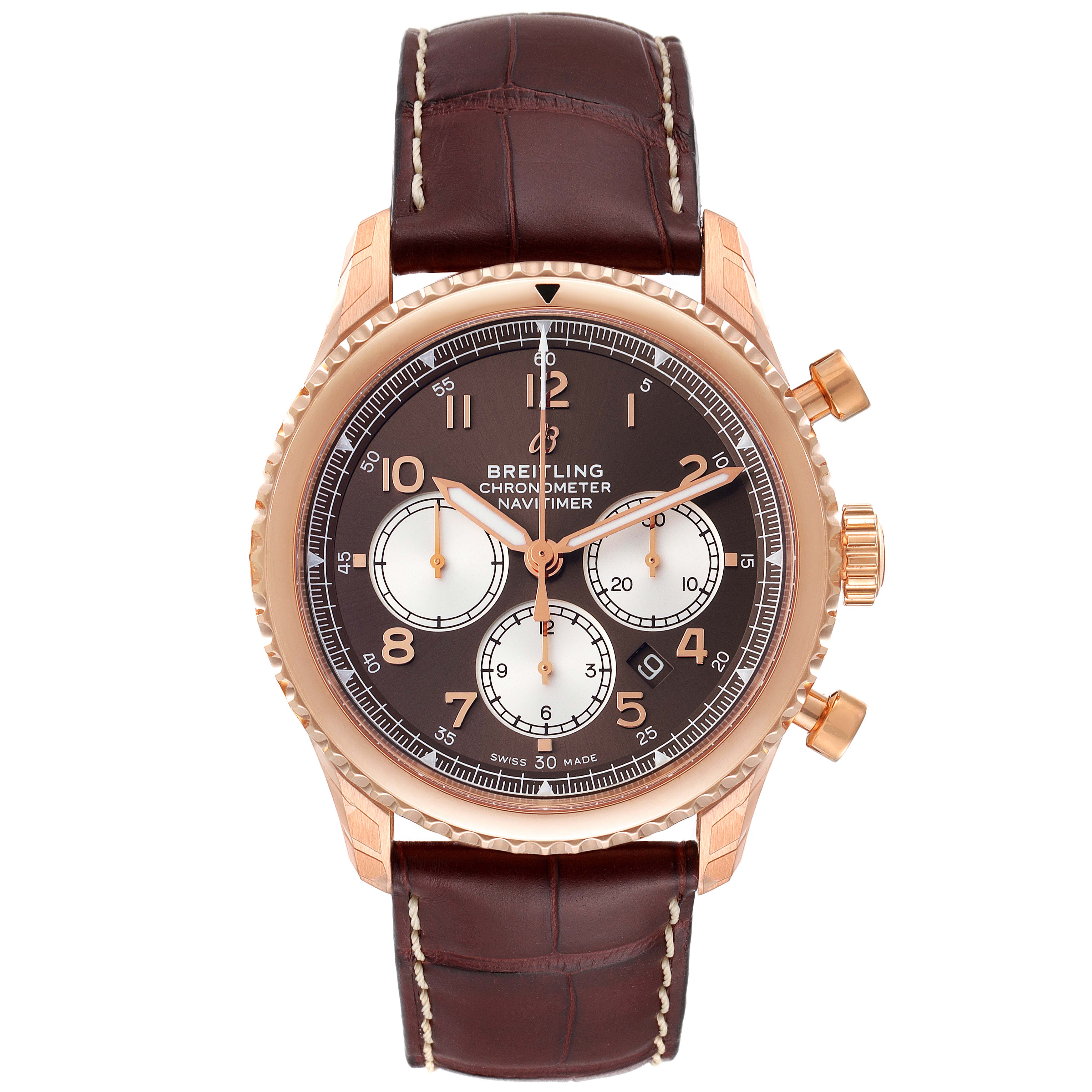 The image shows a front view of a Breitling Navitimer watch, highlighting its bezel, dial, sub-dials, and leather strap.