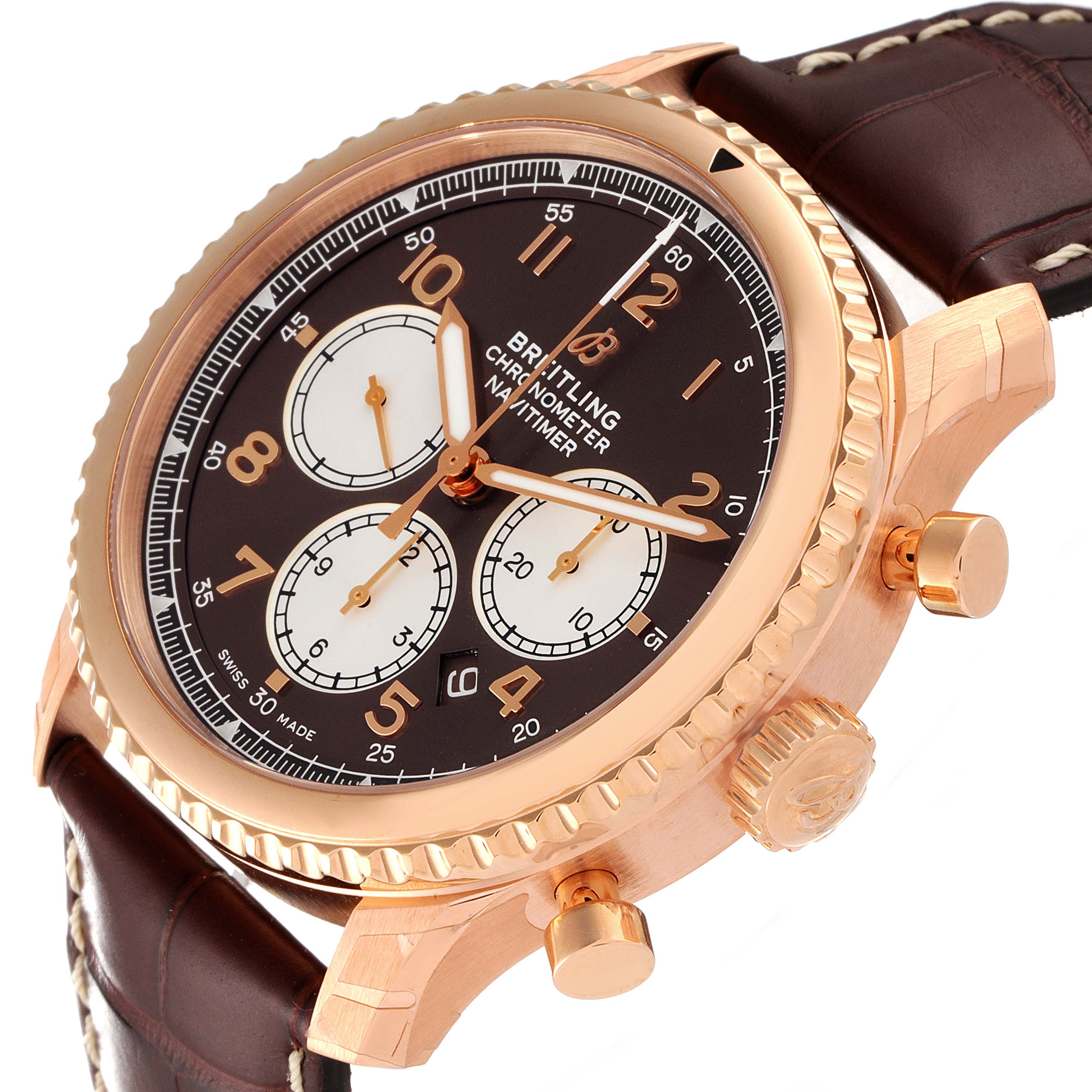 The image shows a close-up, side angle of a Breitling Navitimer watch, focusing on the dial, bezel, crown, and leather strap.