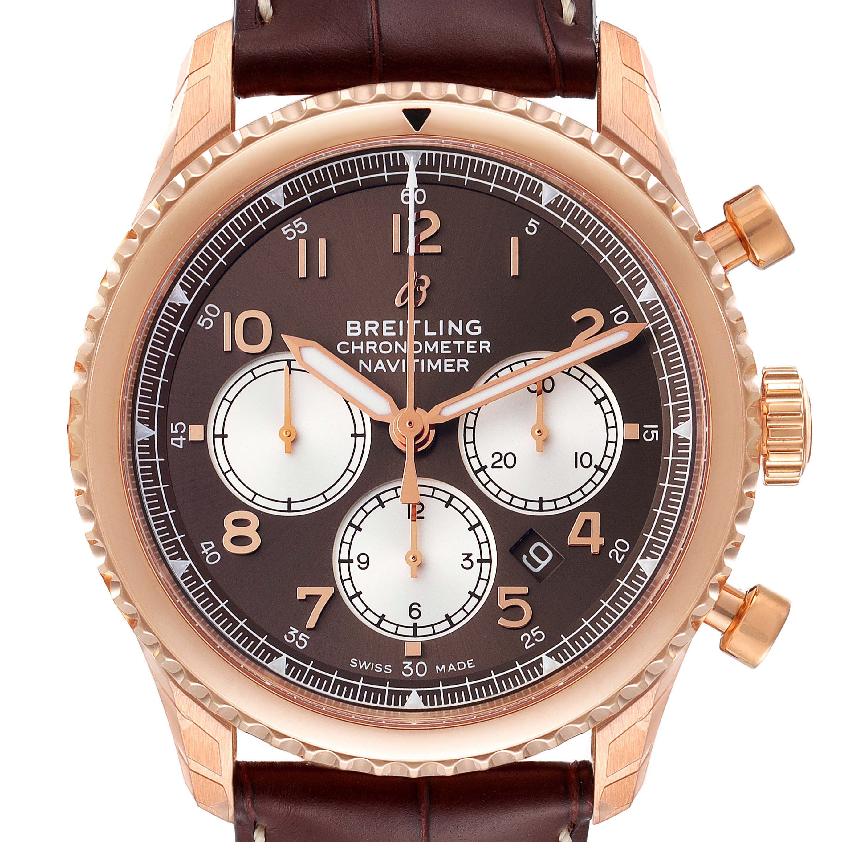 The image shows a Breitling Aviator RB0117131Q1P1 Men's Rose Gold Brown Dial RB0117131Q1P1 Men's Rose Gold Brown Dial Navitimer watch from a front angle displaying its dial and chronograph features.
