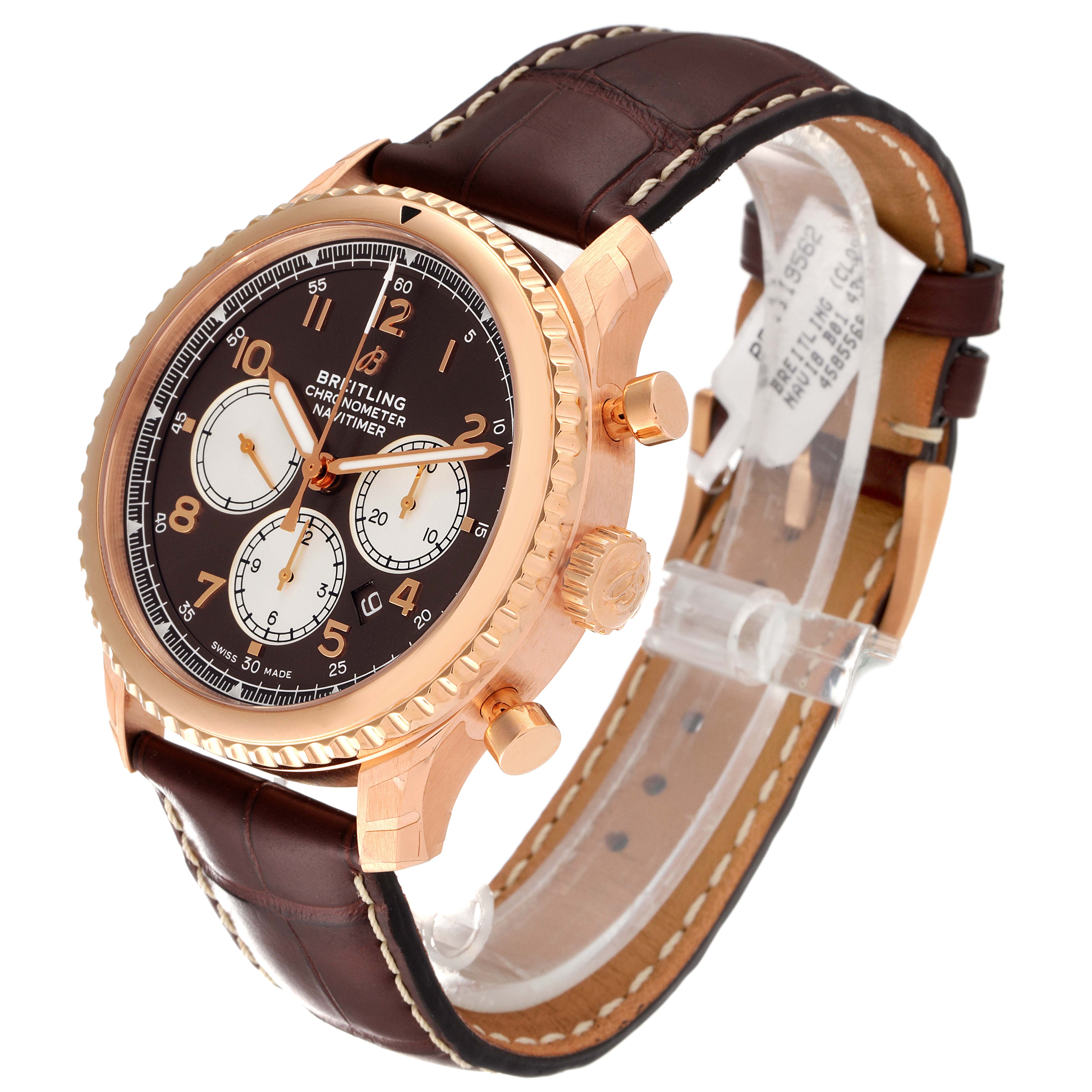 The image shows a side and slightly angled view of the Breitling Navitimer watch, showcasing its dial, case, and leather strap.