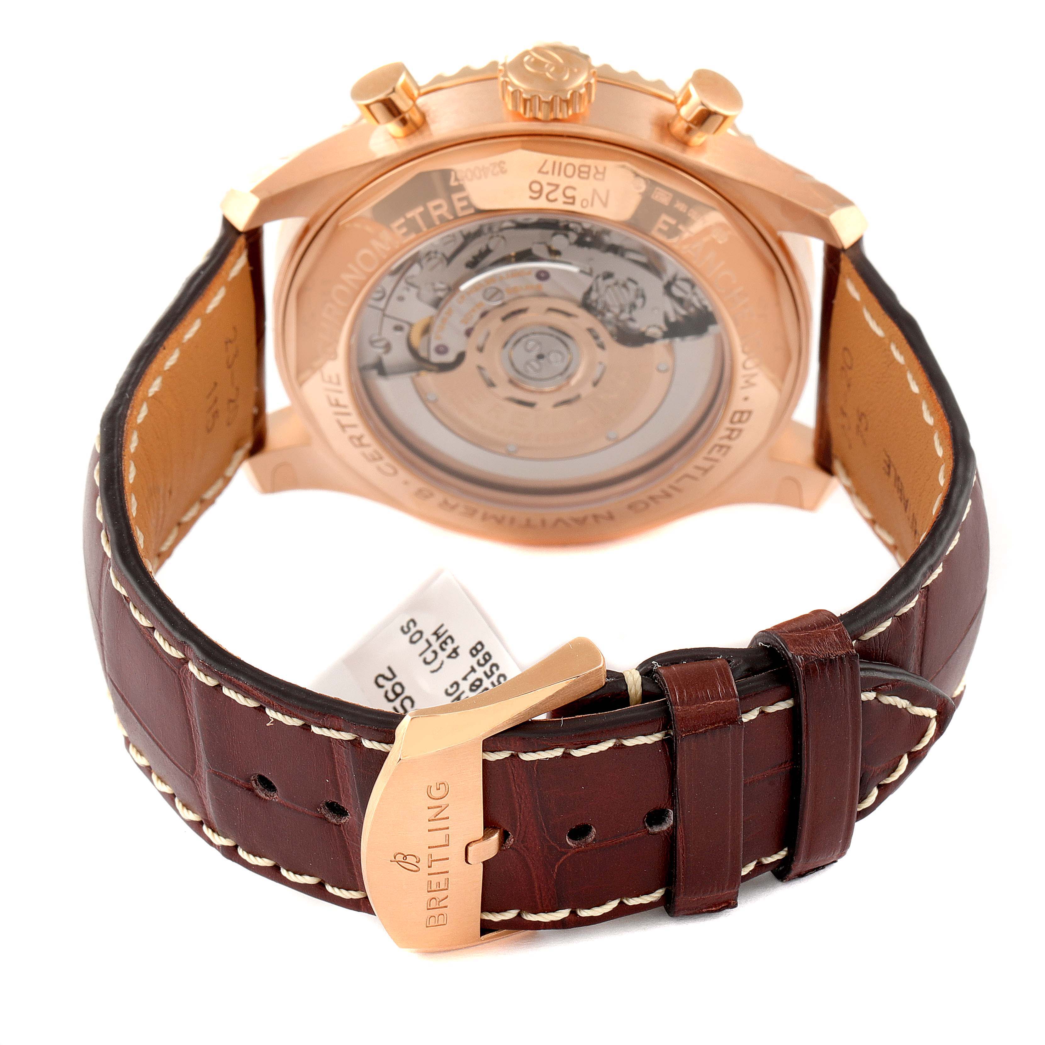 The image shows the back view of the Breitling Navitimer watch case and its leather strap with a visible clasp.