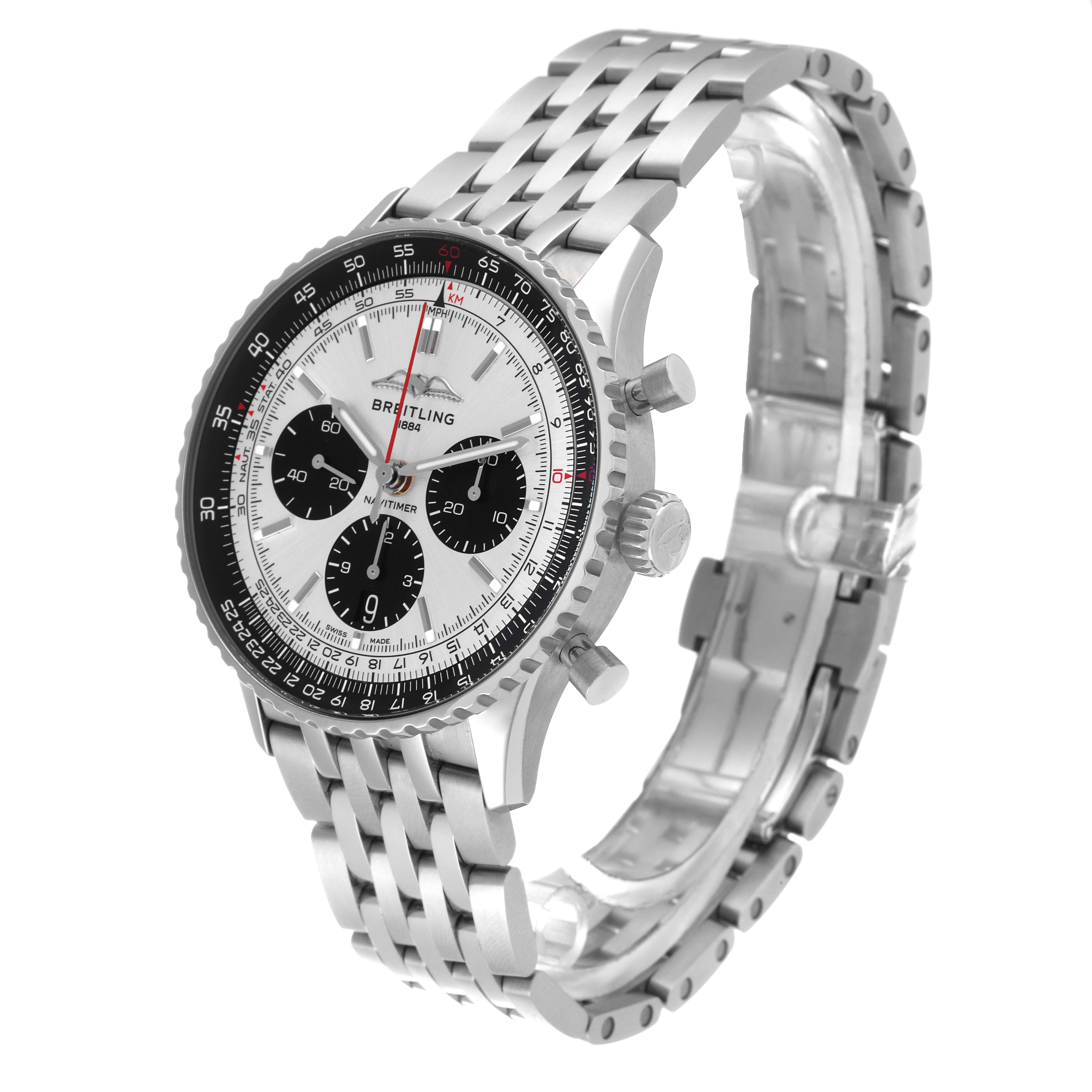 The Breitling Navitimer AB0138 Men's Stainless Steel Silver Dial AB0138 Men's Stainless Steel Silver Dial watch is shown at a front-side angle, displaying the dial, bezel, crown, pushers, and stainless steel bracelet.