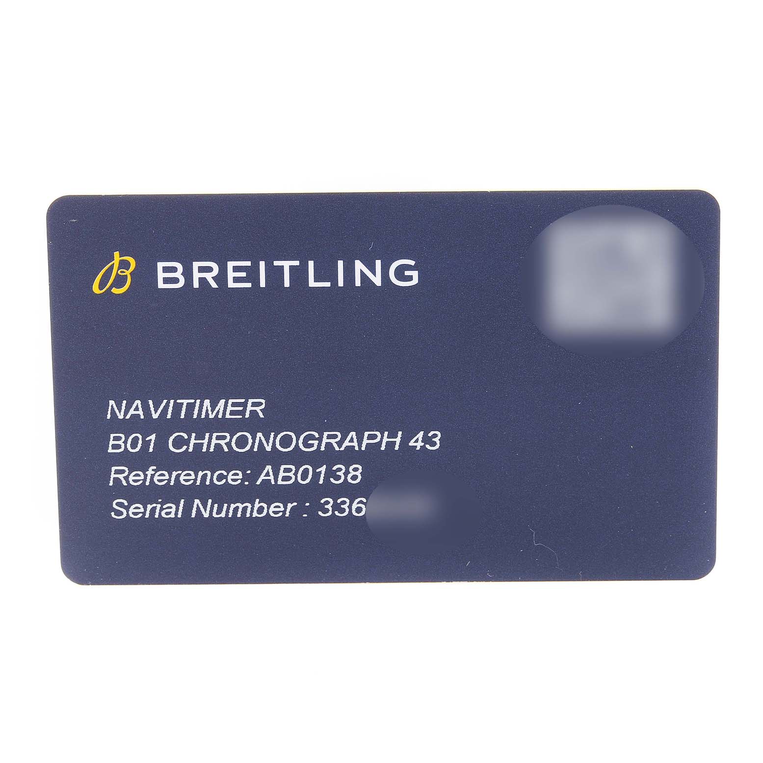 The image shows a card with model and reference details for a Breitling Navitimer AB0138 Men's Stainless Steel Silver Dial AB0138 Men's Stainless Steel Silver Dial B01 Chronograph 43 watch.