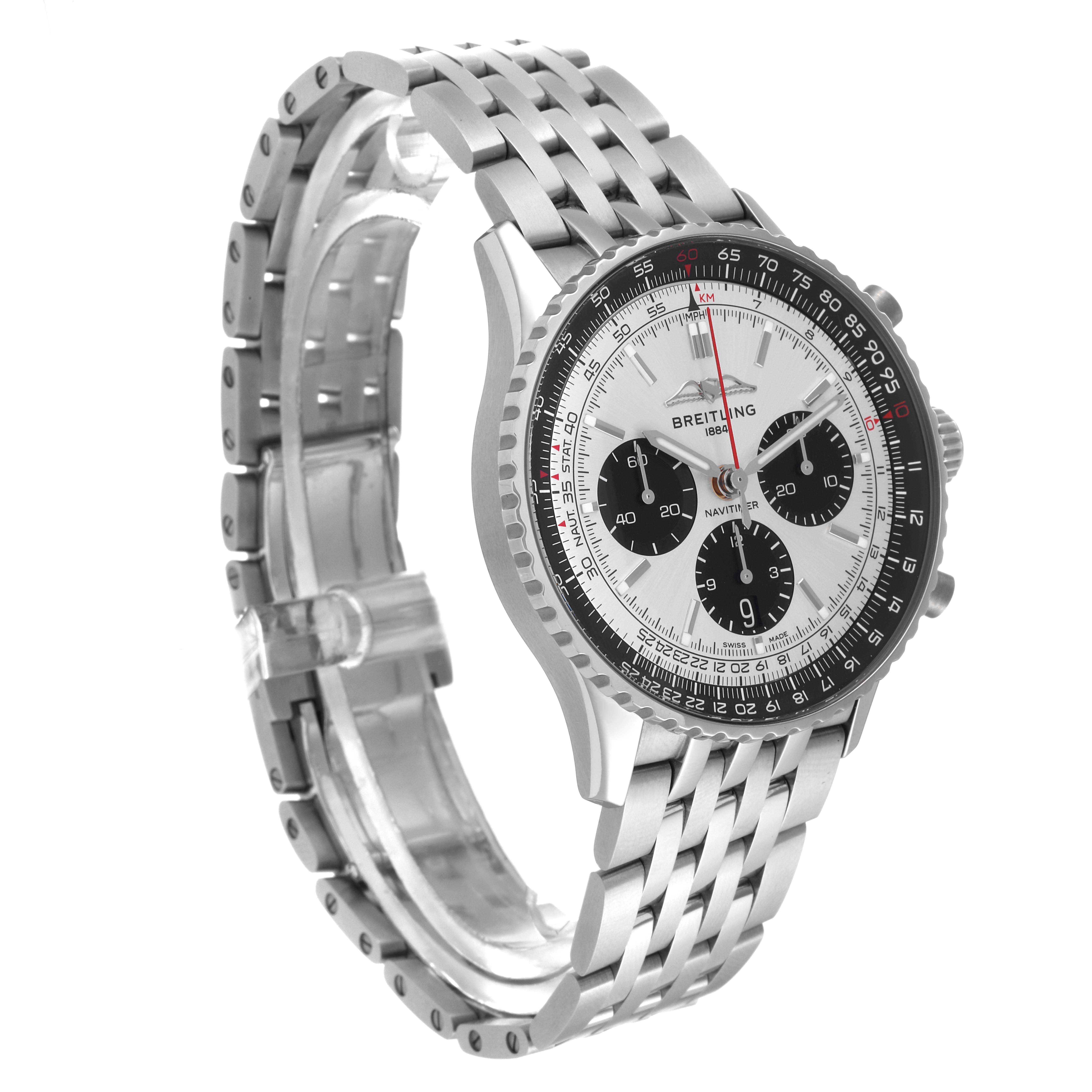 The image shows a Breitling Navitimer AB0138 Men's Stainless Steel Silver Dial AB0138 Men's Stainless Steel Silver Dial watch at a three-quarter angle, highlighting its face and portion of the metal bracelet.