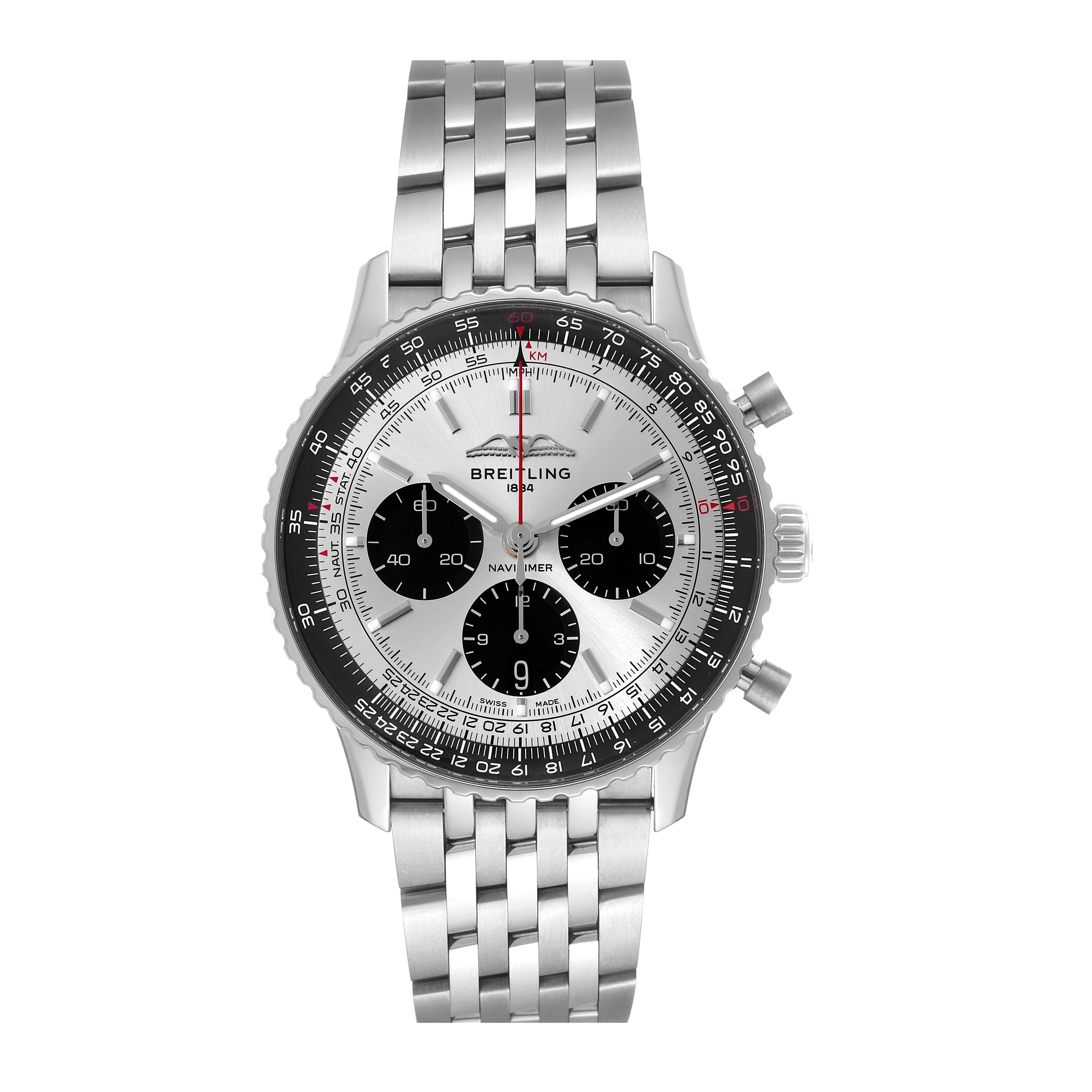 The image shows a front view of a Breitling Navitimer AB0138 Men's Stainless Steel Silver Dial AB0138 Men's Stainless Steel Silver Dial watch, featuring a silver bracelet, black bezel, and three subdials.