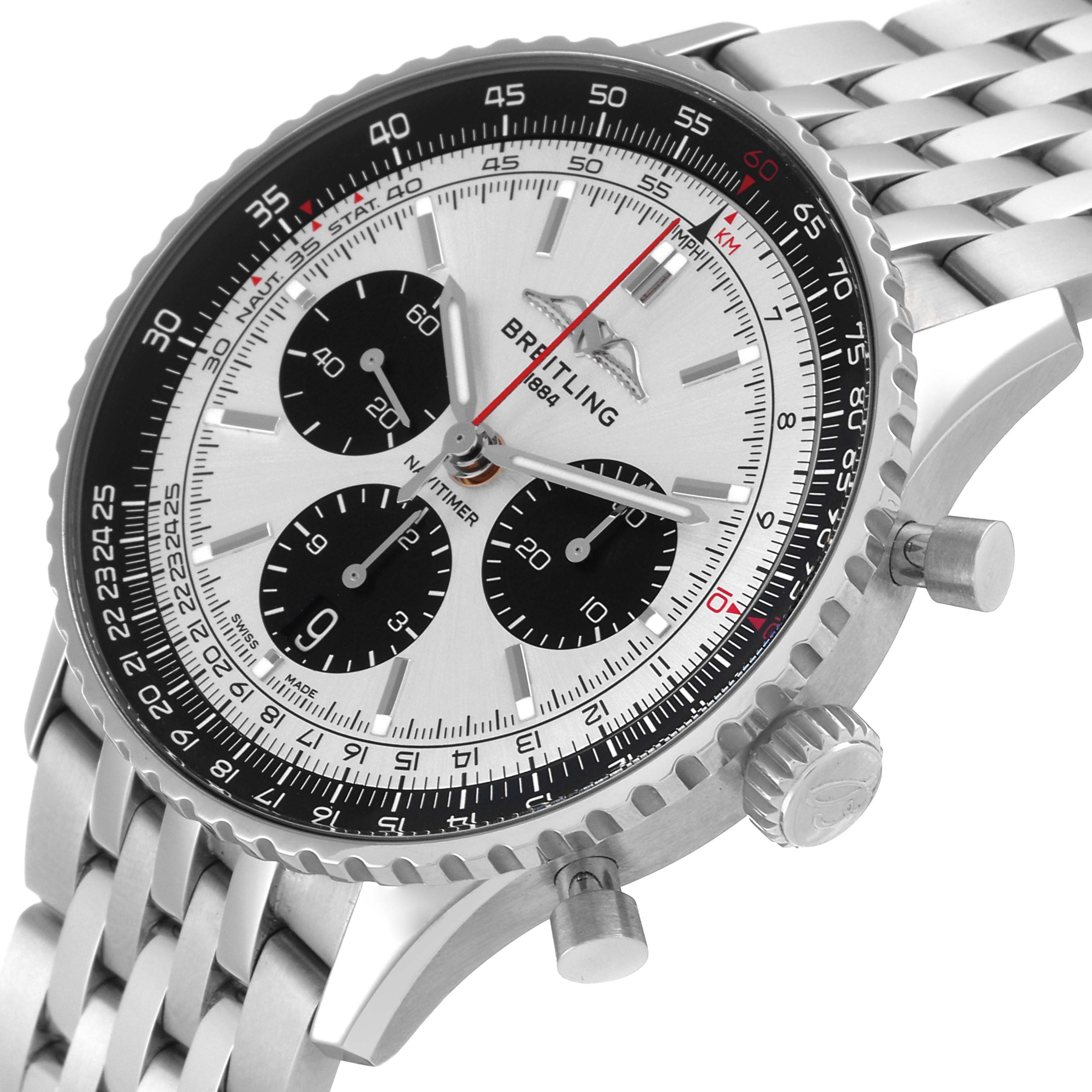 The image shows a side angle of the Breitling Navitimer AB0138 Men's Stainless Steel Silver Dial AB0138 Men's Stainless Steel Silver Dial watch, focusing on the watch face, bezel, and part of the bracelet.