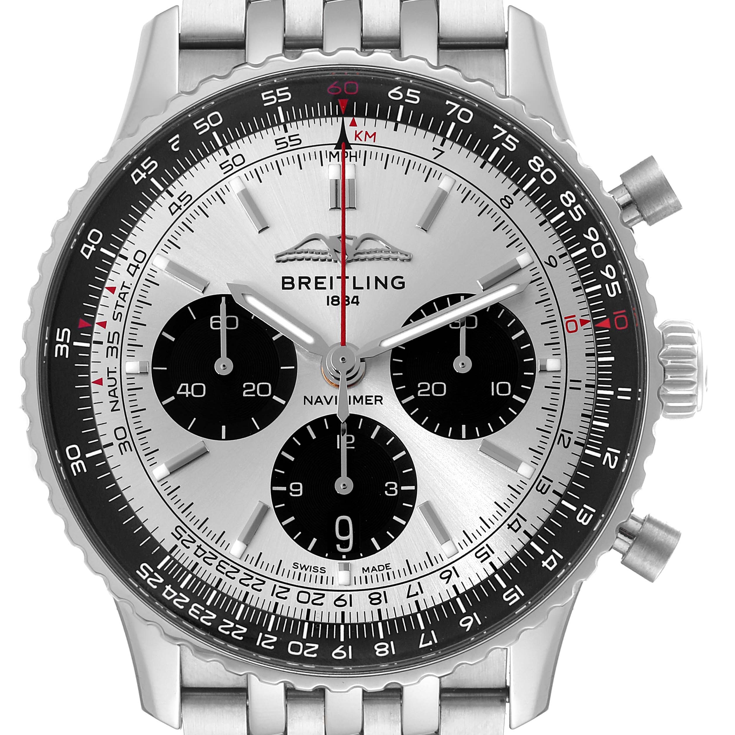 The image shows a frontal view of a Breitling Navitimer AB0138 Men's Stainless Steel Silver Dial AB0138 Men's Stainless Steel Silver Dial, highlighting the dial, chronograph sub-dials, bezel, and bracelet.