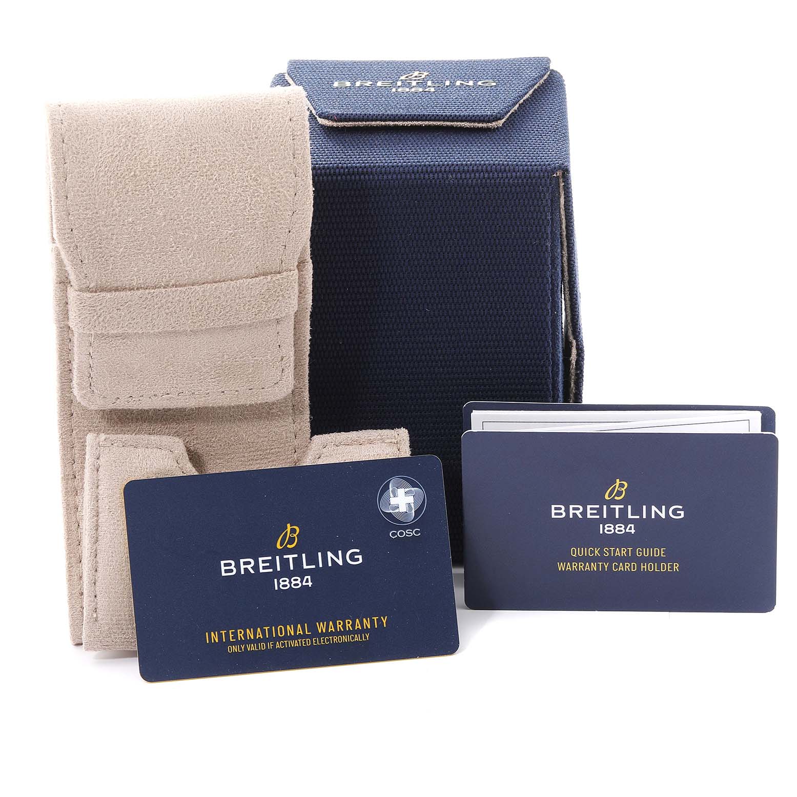 The image shows packaging and documentation for a Breitling Navitimer AB0138 Men's Stainless Steel Silver Dial AB0138 Men's Stainless Steel Silver Dial watch, including a carrying case, warranty card, and quick start guide.