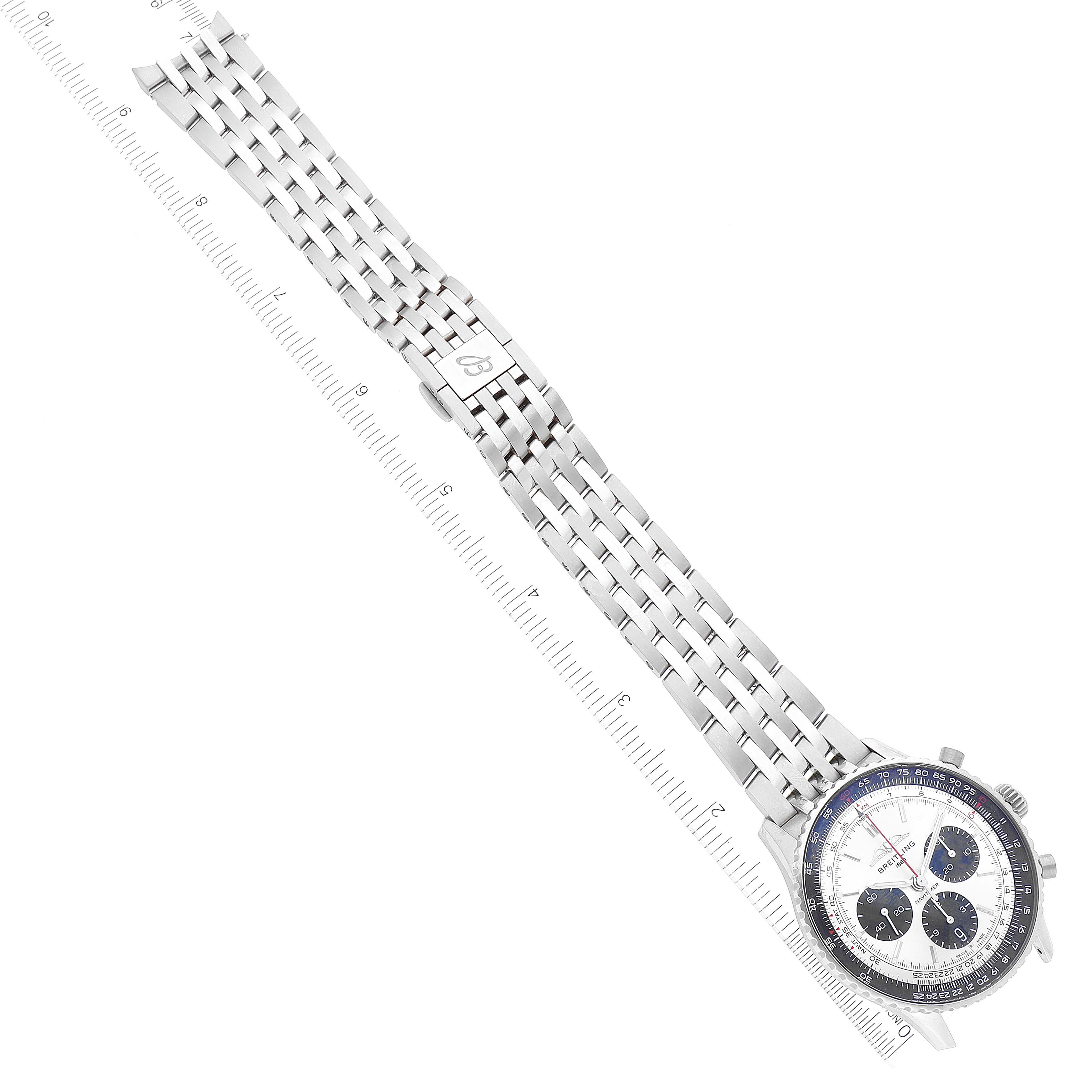 The image shows an overhead view of a Breitling Navitimer AB0138 Men's Stainless Steel Silver Dial AB0138 Men's Stainless Steel Silver Dial watch, highlighting the face, bezel, and metal bracelet.