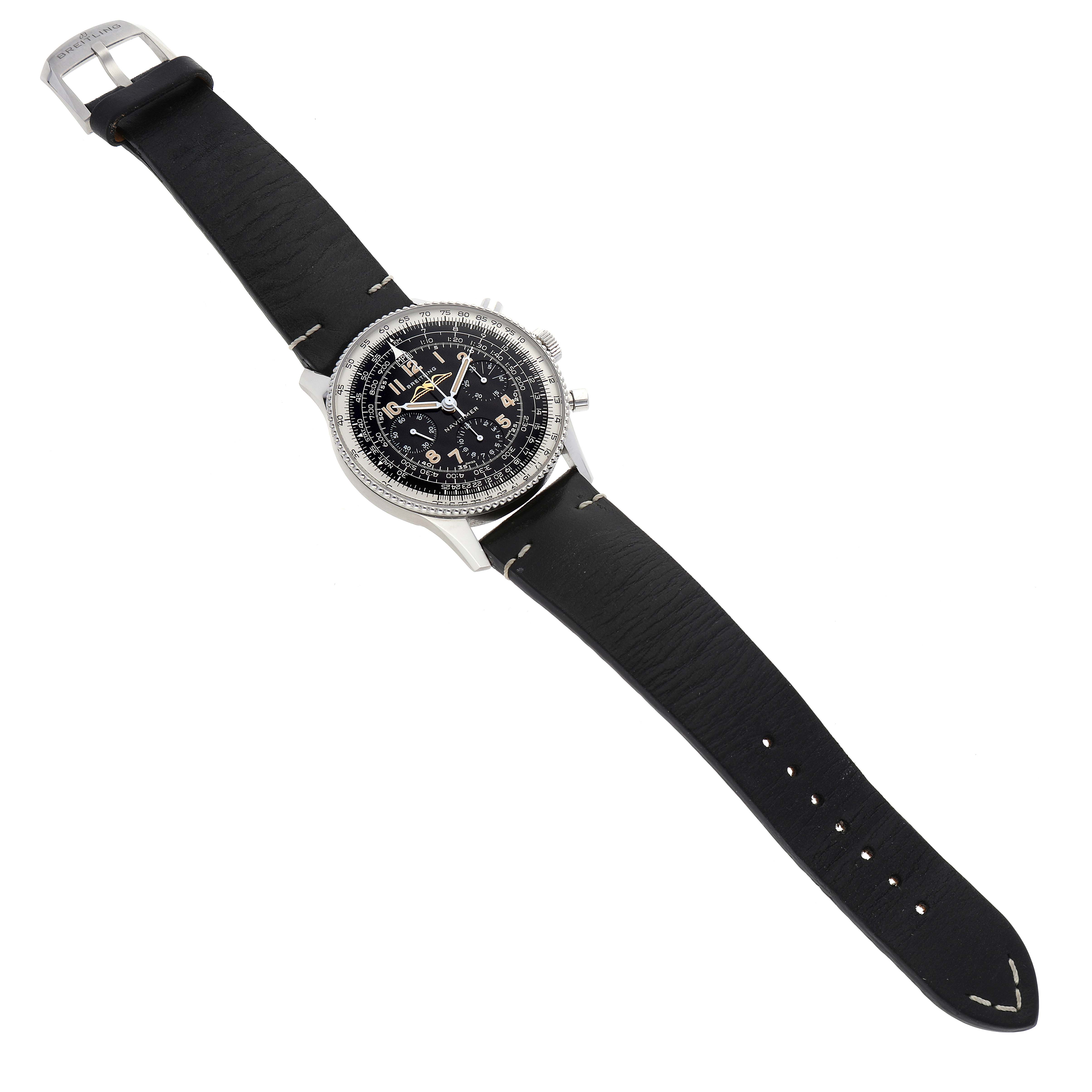 The image shows a top-down view of a Breitling Navitimer AB0910371B1X1 Men's Stainless Steel Black Dial AB0910371B1X1 Men's Stainless Steel Black Dial watch with a black leather strap and detailed dial.