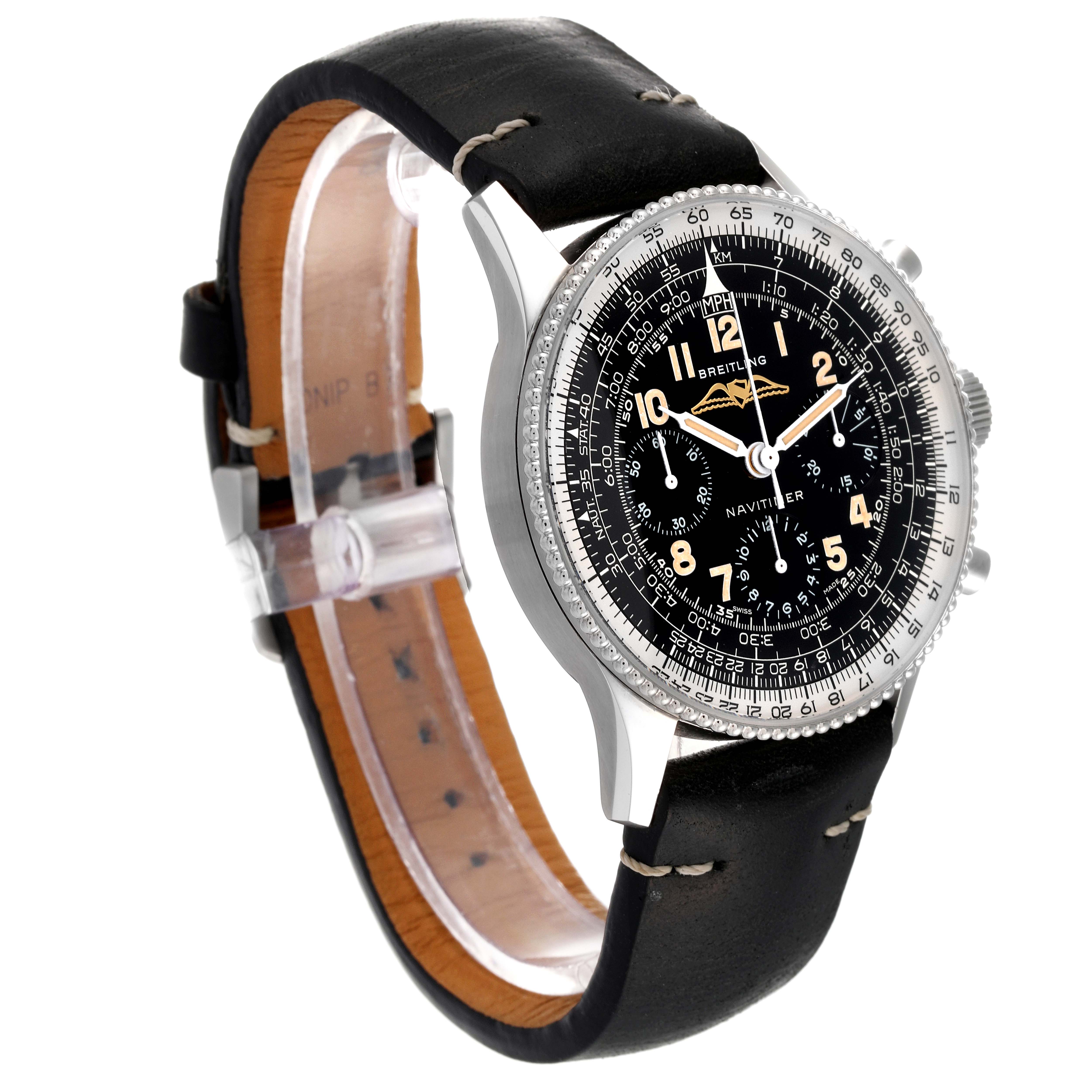 This image shows a side angle of the Breitling Navitimer AB0910371B1X1 Men's Stainless Steel Black Dial AB0910371B1X1 Men's Stainless Steel Black Dial watch, highlighting the face, bezel, and black leather strap.