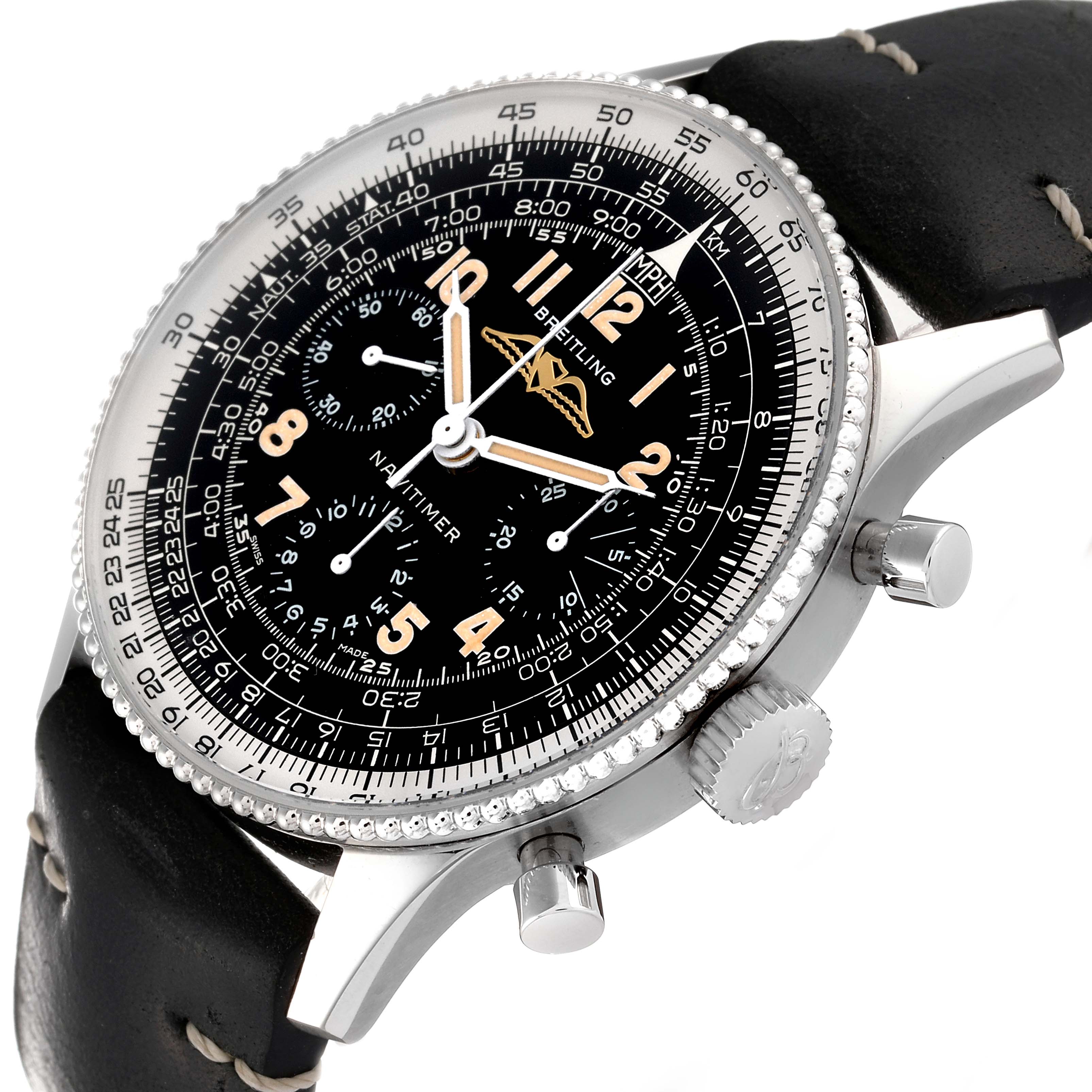 The image shows the front and side view of a Breitling Navitimer AB0910371B1X1 Men's Stainless Steel Black Dial AB0910371B1X1 Men's Stainless Steel Black Dial watch, highlighting its black dial, bezel, and pushers.
