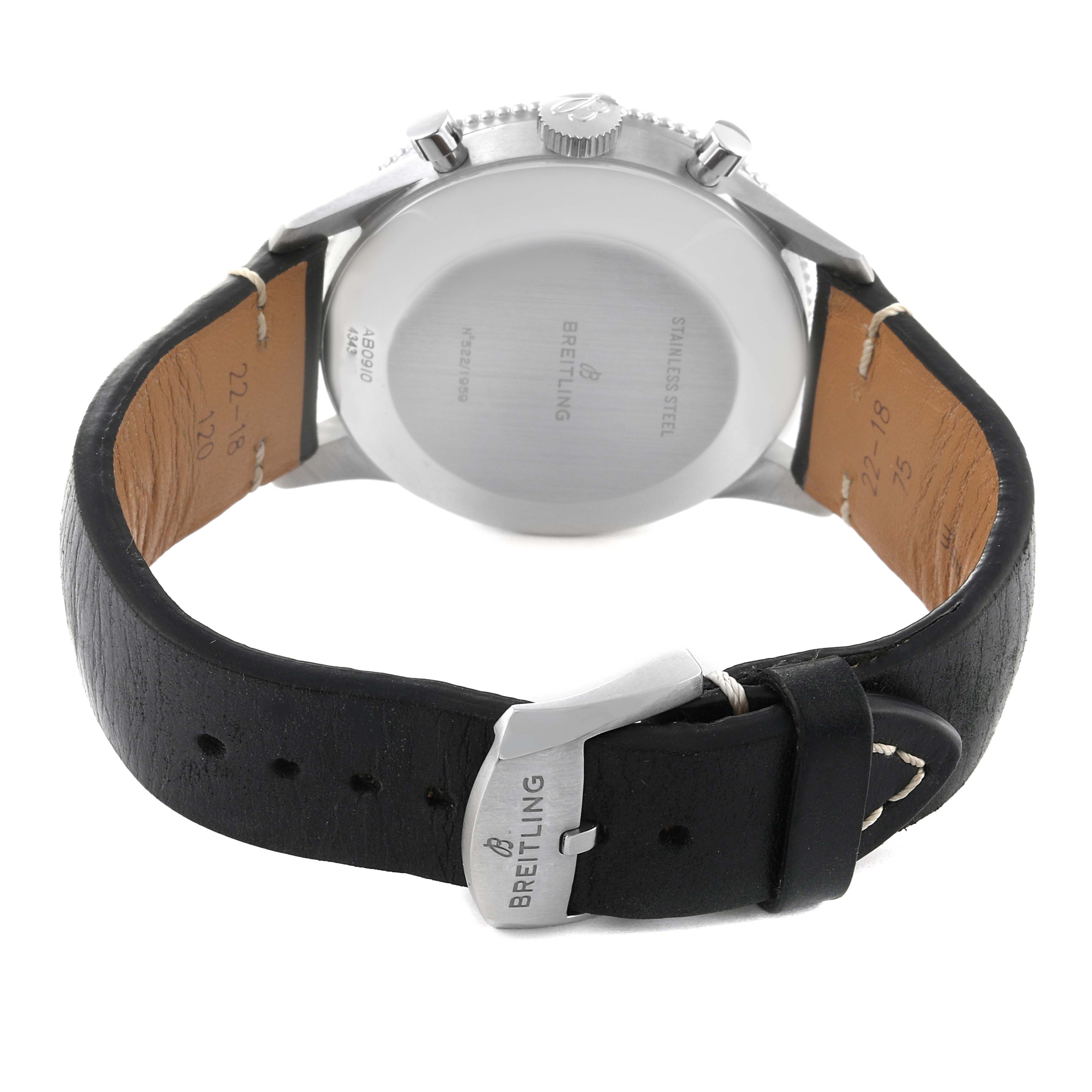 The image shows the back view of a Breitling Navitimer AB0910371B1X1 Men's Stainless Steel Black Dial AB0910371B1X1 Men's Stainless Steel Black Dial watch, highlighting its leather strap and stainless steel buckle.