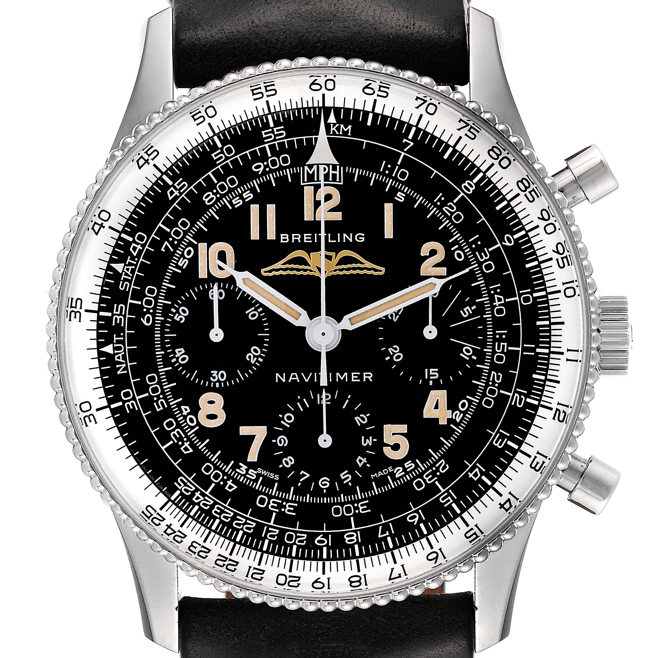 The Breitling Navitimer AB0910371B1X1 Men's Stainless Steel Black Dial AB0910371B1X1 Men's Stainless Steel Black Dial watch is shown from a front angle, highlighting its black dial, chronograph subdials, and bezel.