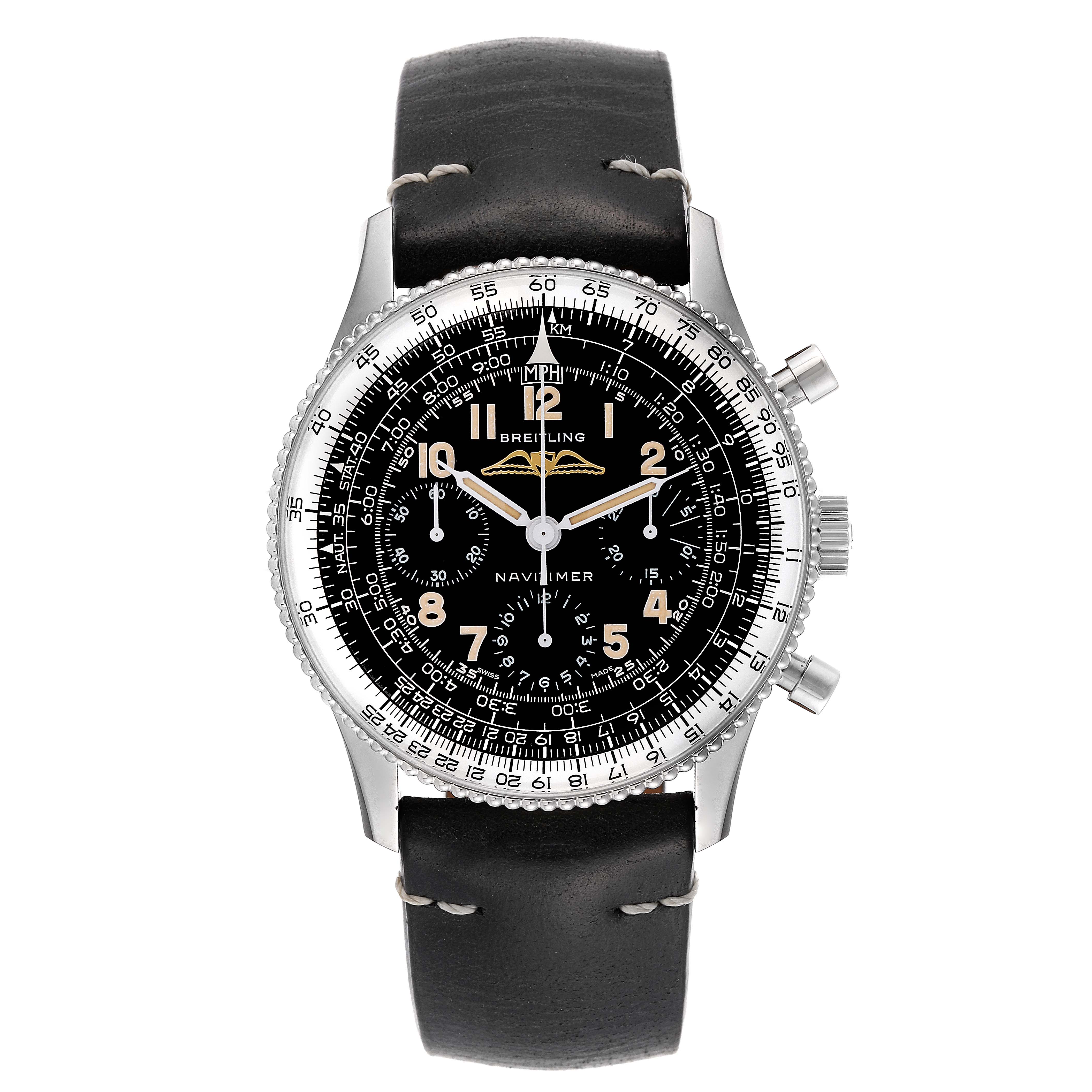 The image shows a front view of the Navitimer model by Breitling, displaying its black dial, chronograph subdials, and leather strap.