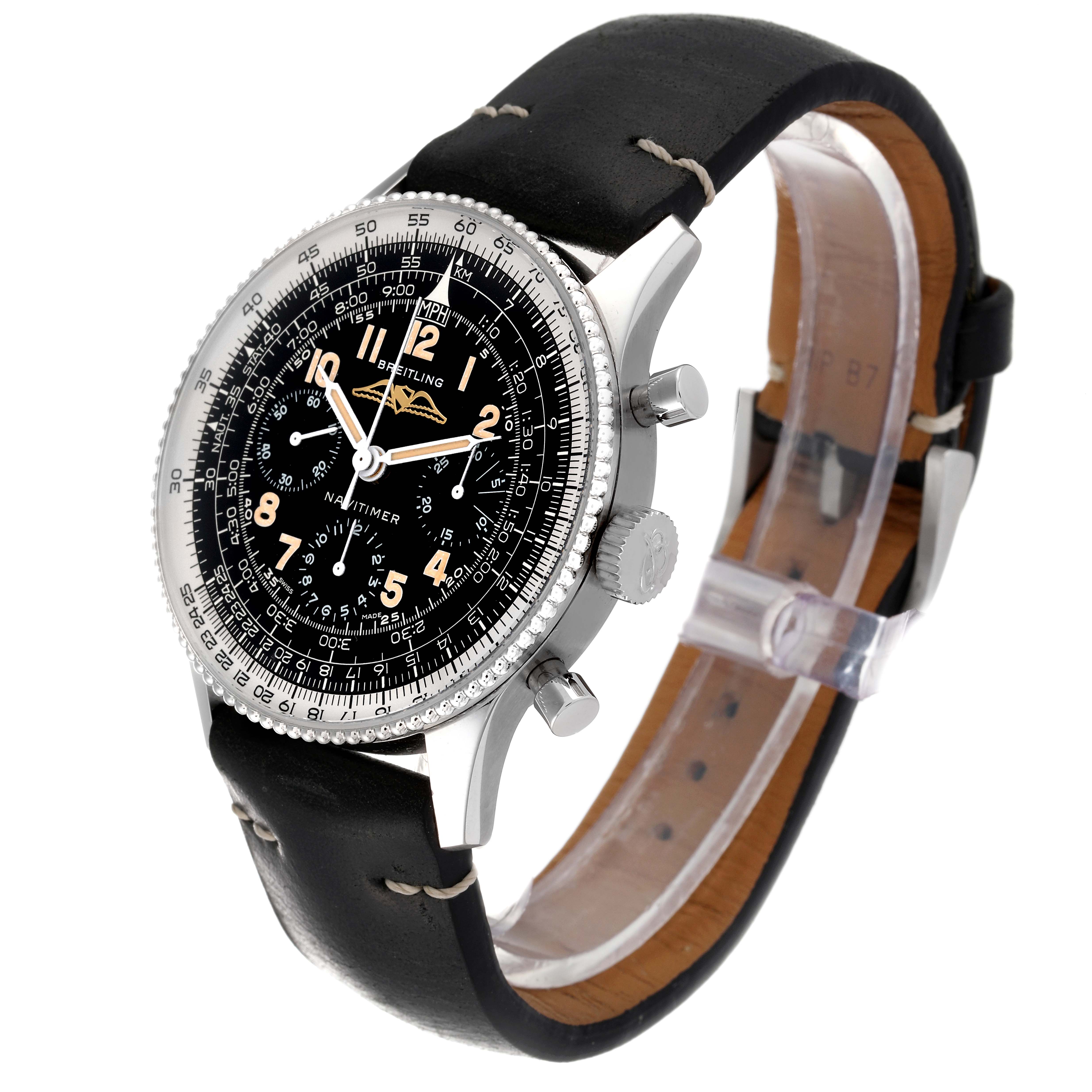 The image shows a Breitling Navitimer AB0910371B1X1 Men's Stainless Steel Black Dial AB0910371B1X1 Men's Stainless Steel Black Dial watch at a slight angle, highlighting its face, bezel, crown, pushers, and leather strap.