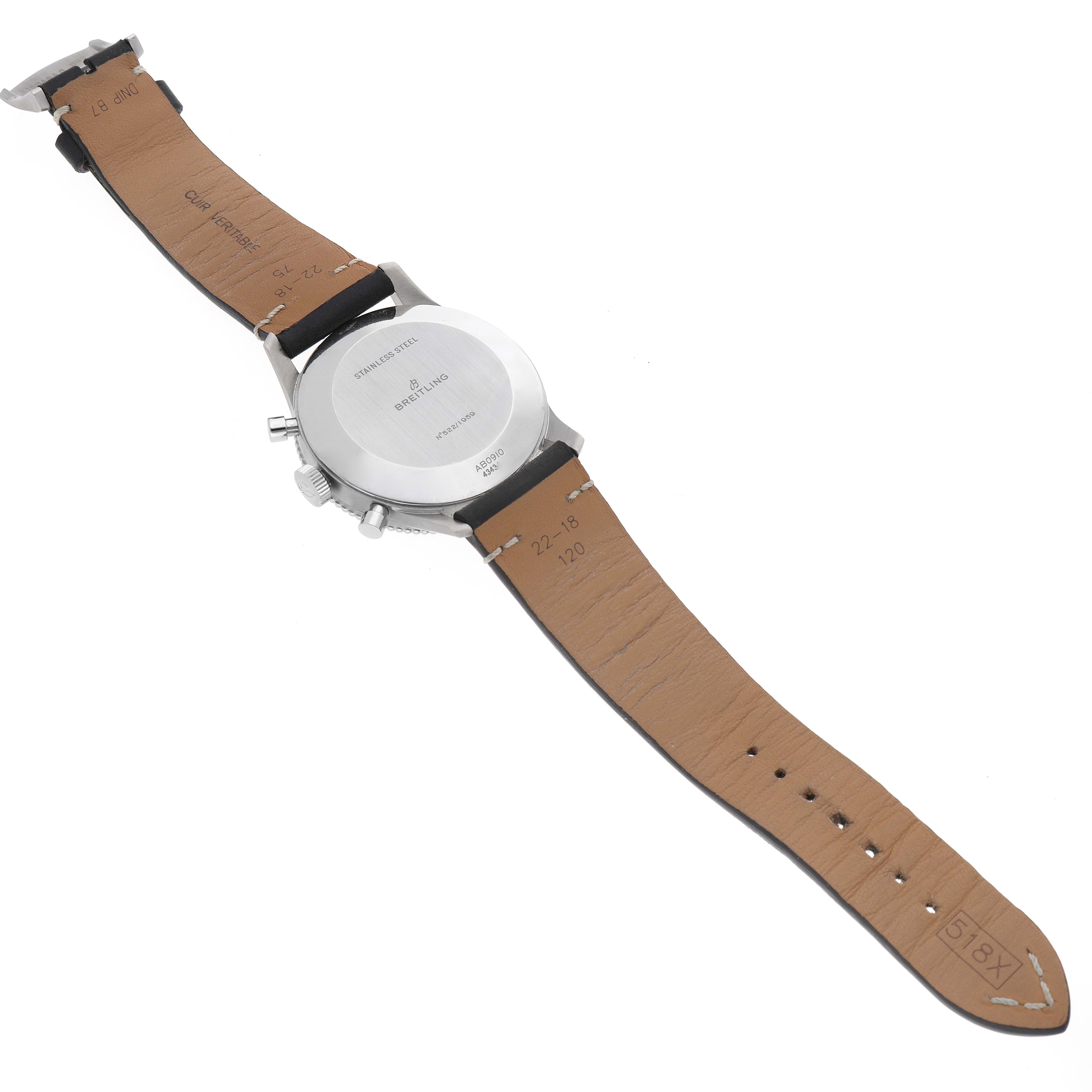 This image shows the backside and leather strap of a Breitling Navitimer AB0910371B1X1 Men's Stainless Steel Black Dial AB0910371B1X1 Men's Stainless Steel Black Dial watch, including the case back and buckle.