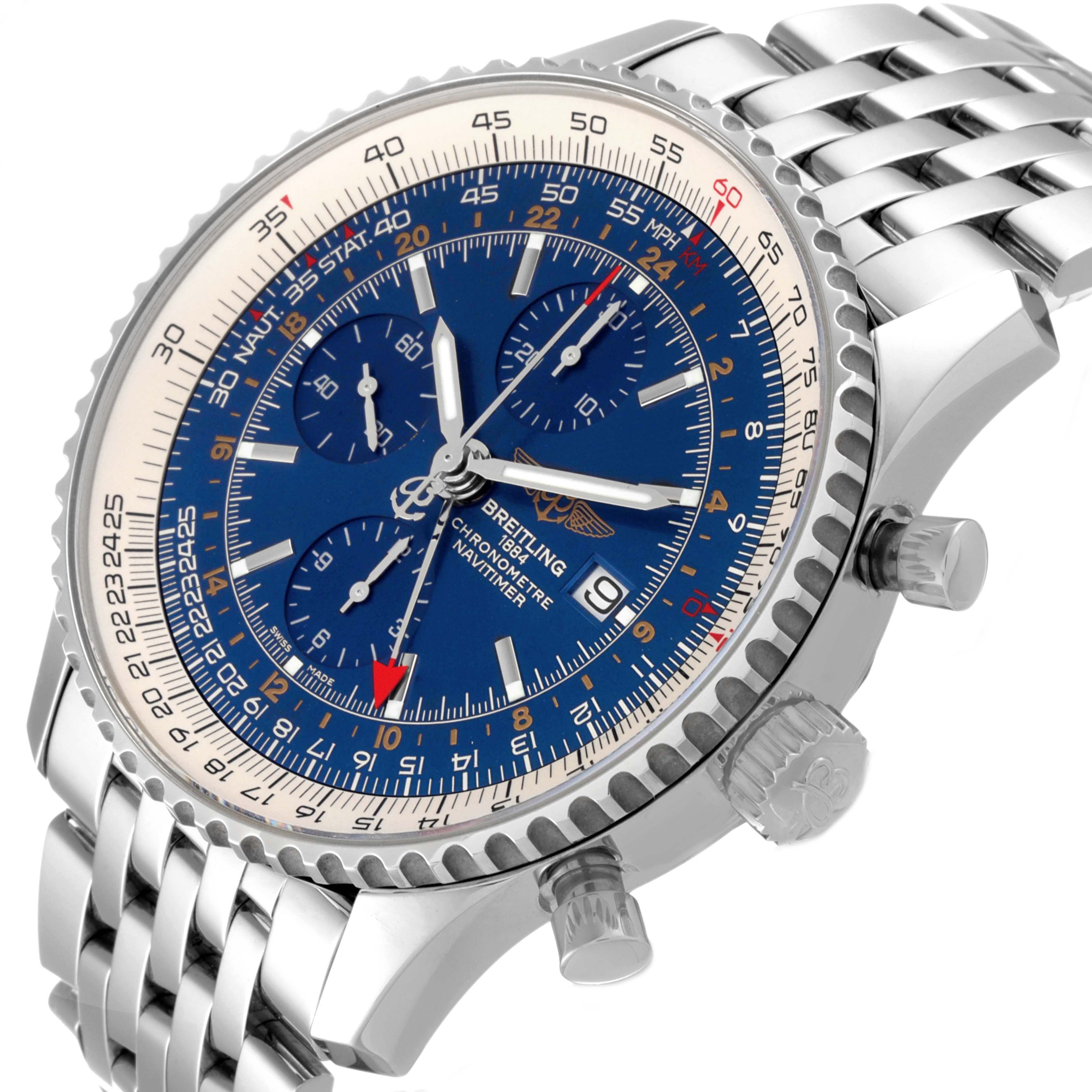This is a side-angle view of the Breitling Navitimer A24322 Men
s Stainless Steel Blue Dial A24322 Men
s Stainless Steel Blue Dial watch, showcasing its blue dial, bezel, crown, and metal strap.
