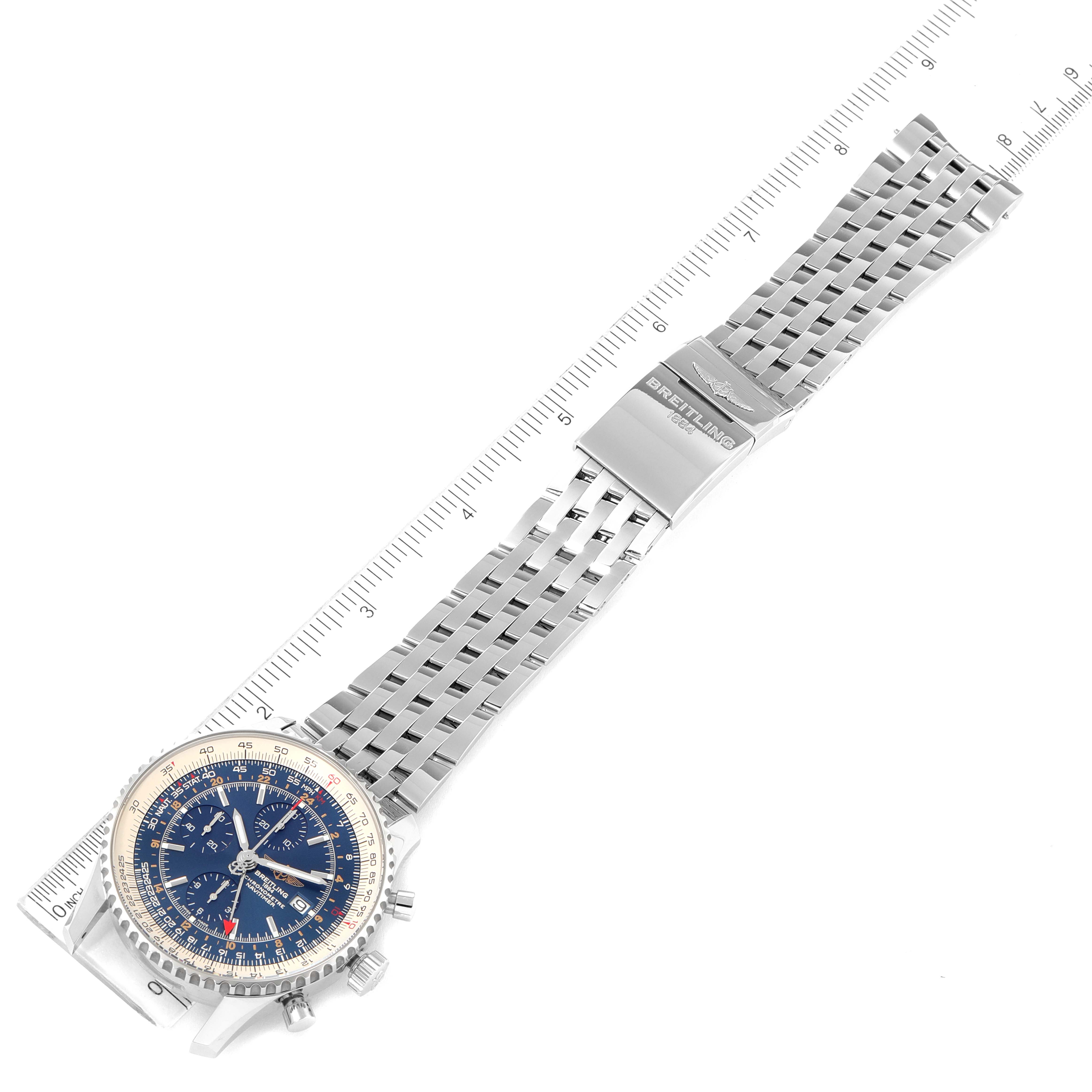 The image shows a top-down view of the Breitling Navitimer A24322 Men
s Stainless Steel Blue Dial A24322 Men
s Stainless Steel Blue Dial watch, displaying the dial, bezel, and metal bracelet with a clasp.