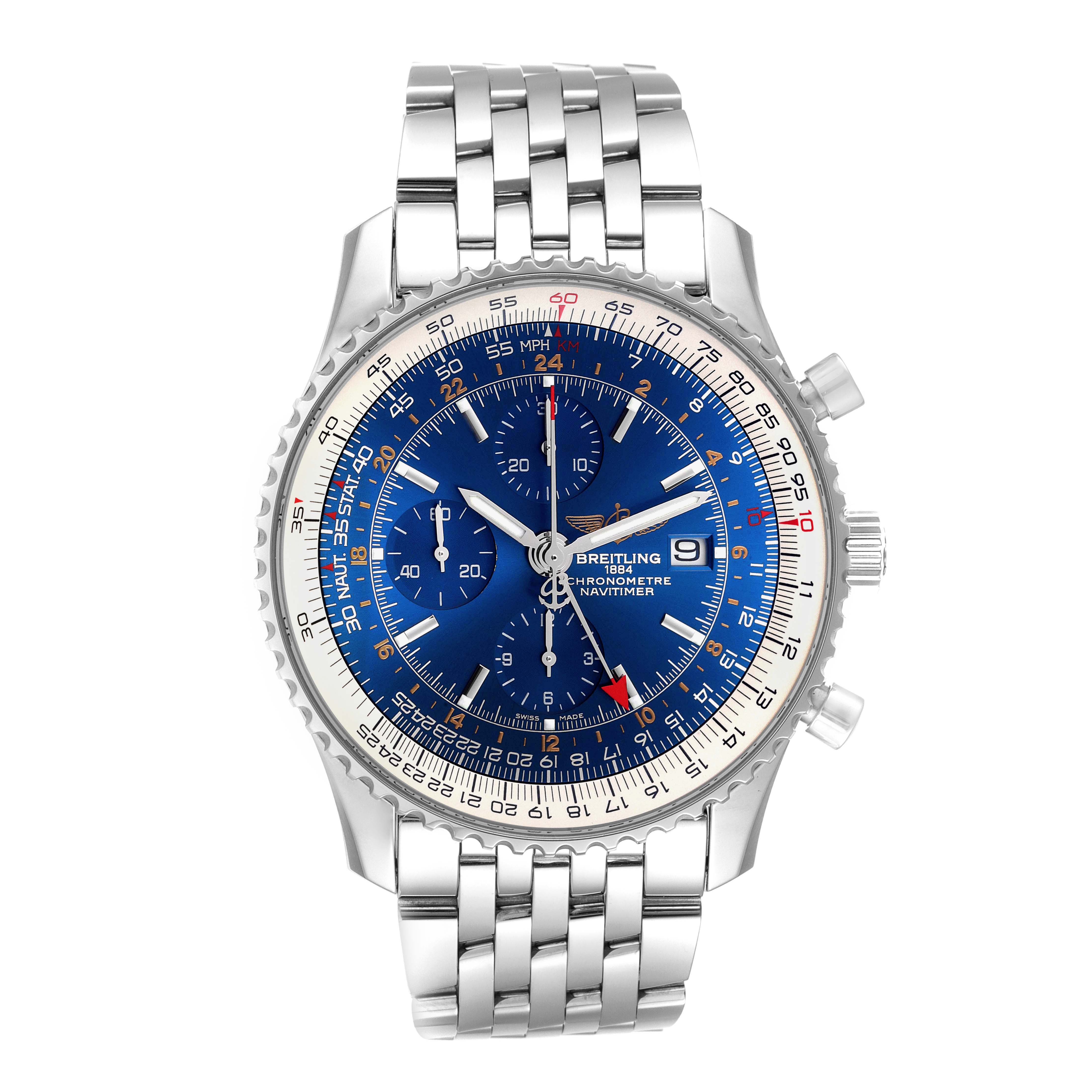 This image shows a front view of the Breitling Navitimer A24322 Men
s Stainless Steel Blue Dial A24322 Men
s Stainless Steel Blue Dial watch, highlighting its blue dial, chronograph subdials, and stainless steel bracelet.