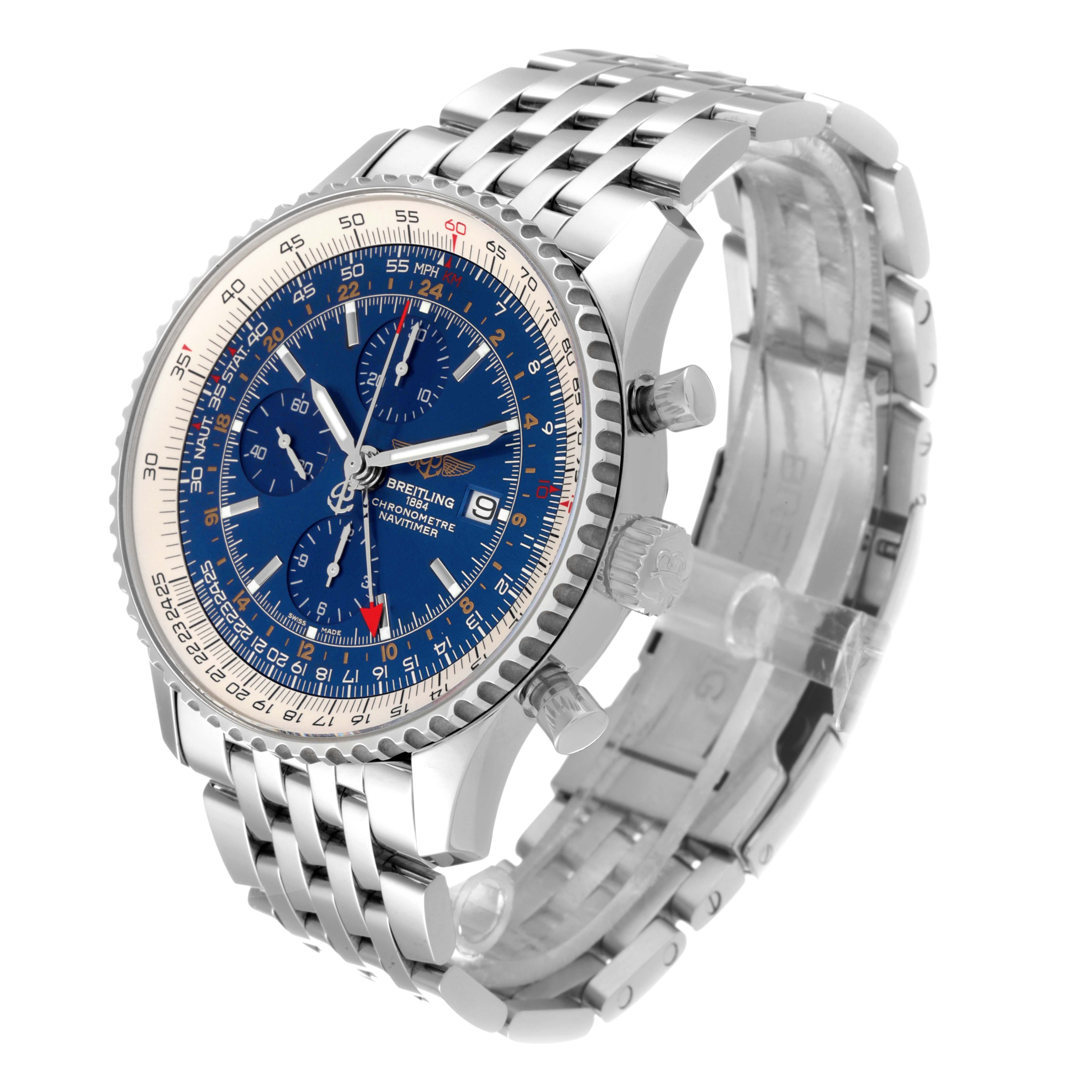 The image shows a Breitling Navitimer A24322 Men
s Stainless Steel Blue Dial A24322 Men
s Stainless Steel Blue Dial watch at an angled side view, highlighting its blue dial, bezel, crown, and metal bracelet.