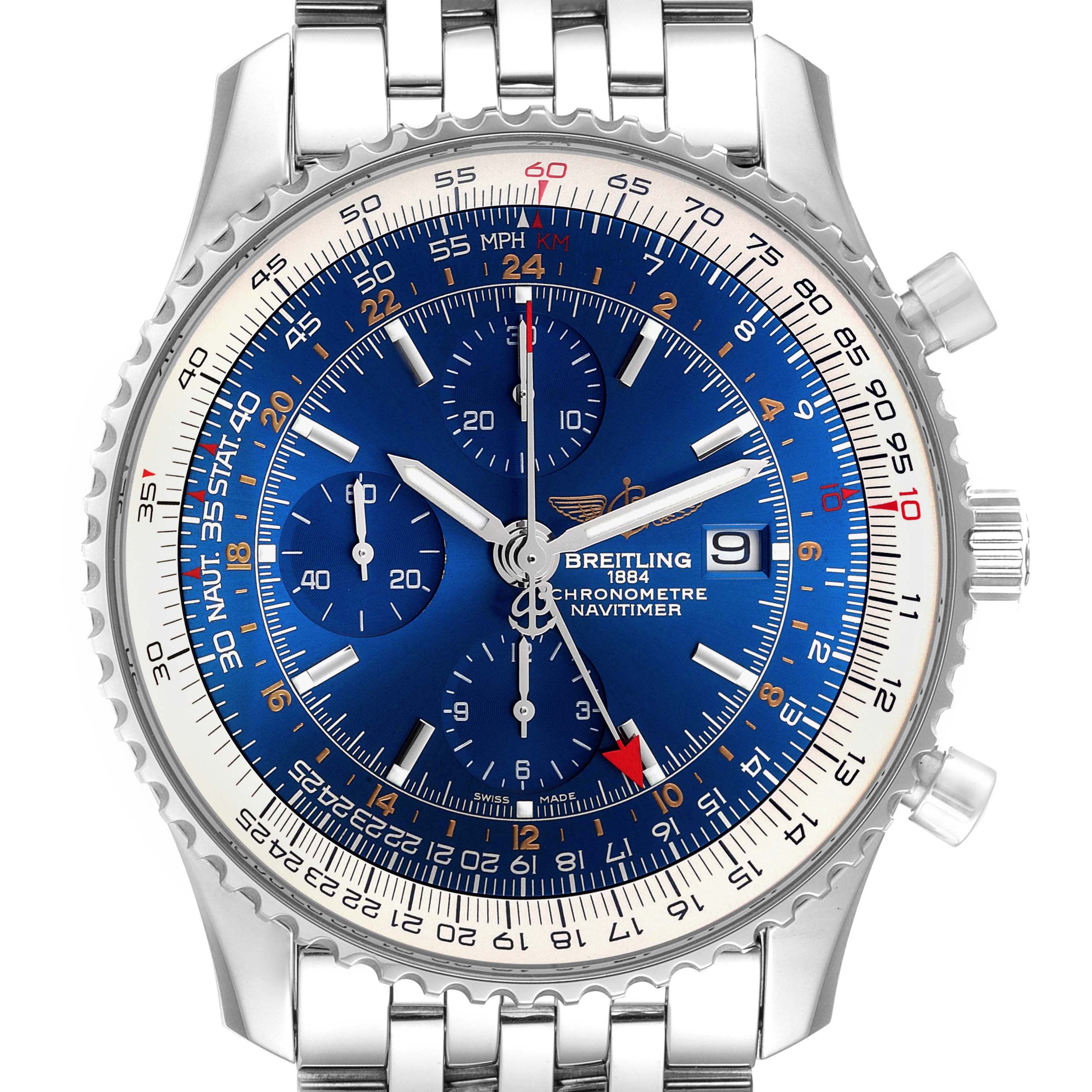 This image shows a front view of a Breitling Navitimer A24322 Men
s Stainless Steel Blue Dial A24322 Men
s Stainless Steel Blue Dial watch, clearly displaying its blue dial, bezel, subdials, and bracelet.