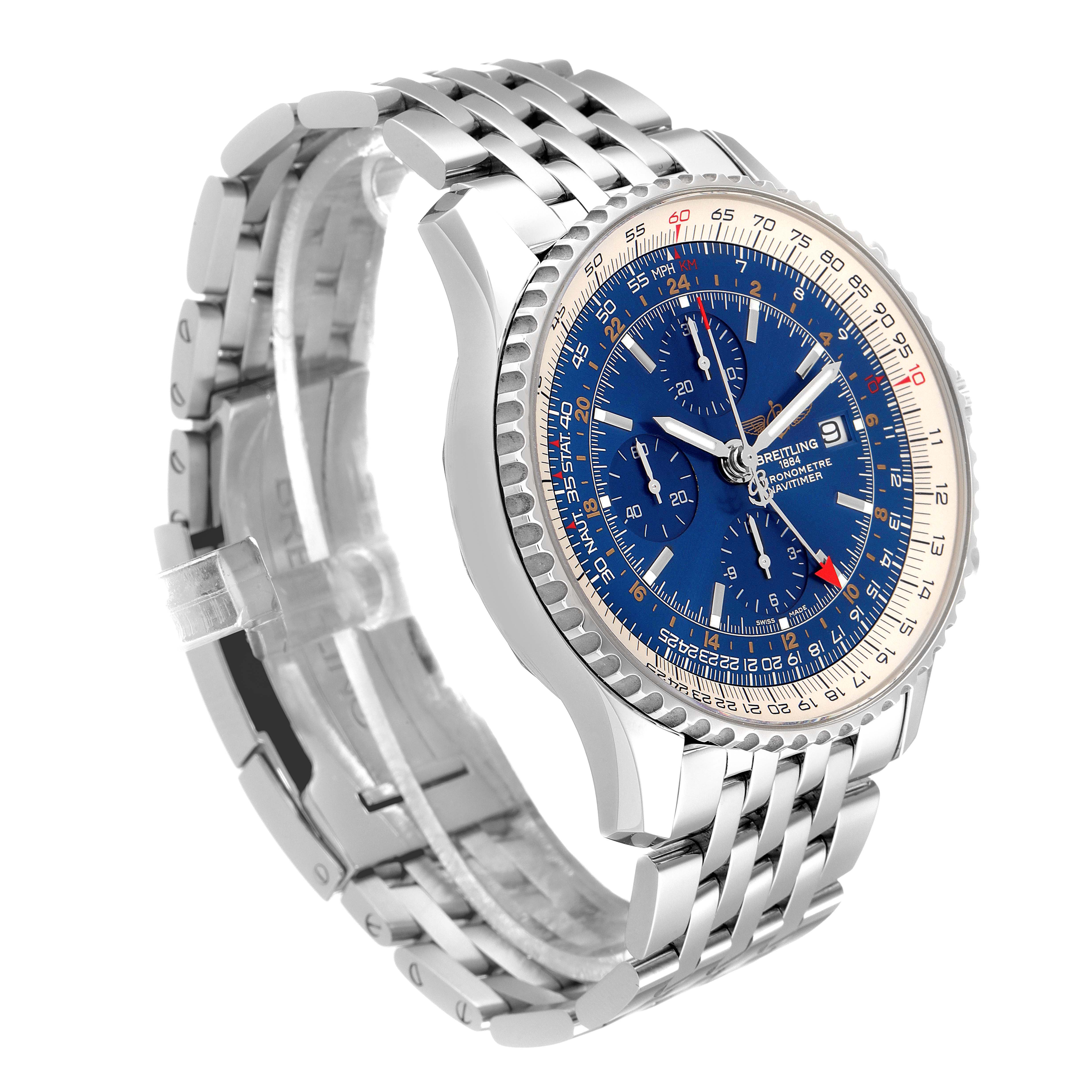 The Breitling Navitimer A24322 Men
s Stainless Steel Blue Dial A24322 Men
s Stainless Steel Blue Dial watch is shown at a three-quarter angle, highlighting the dial, bezel, case, and bracelet.