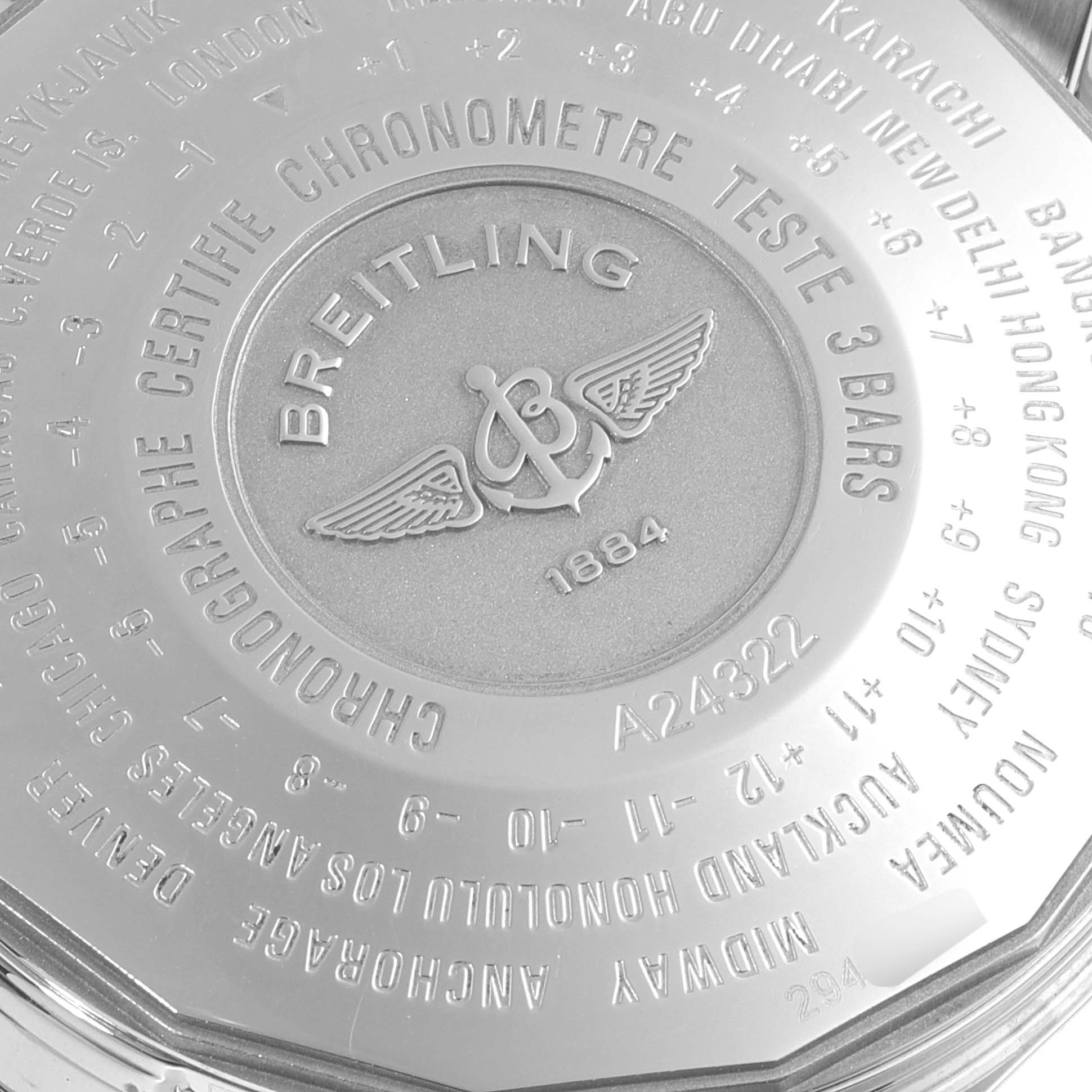 This image shows the back case of a Breitling Navitimer A24322 Men
s Stainless Steel Blue Dial A24322 Men
s Stainless Steel Blue Dial watch, featuring engravings and the brand logo.