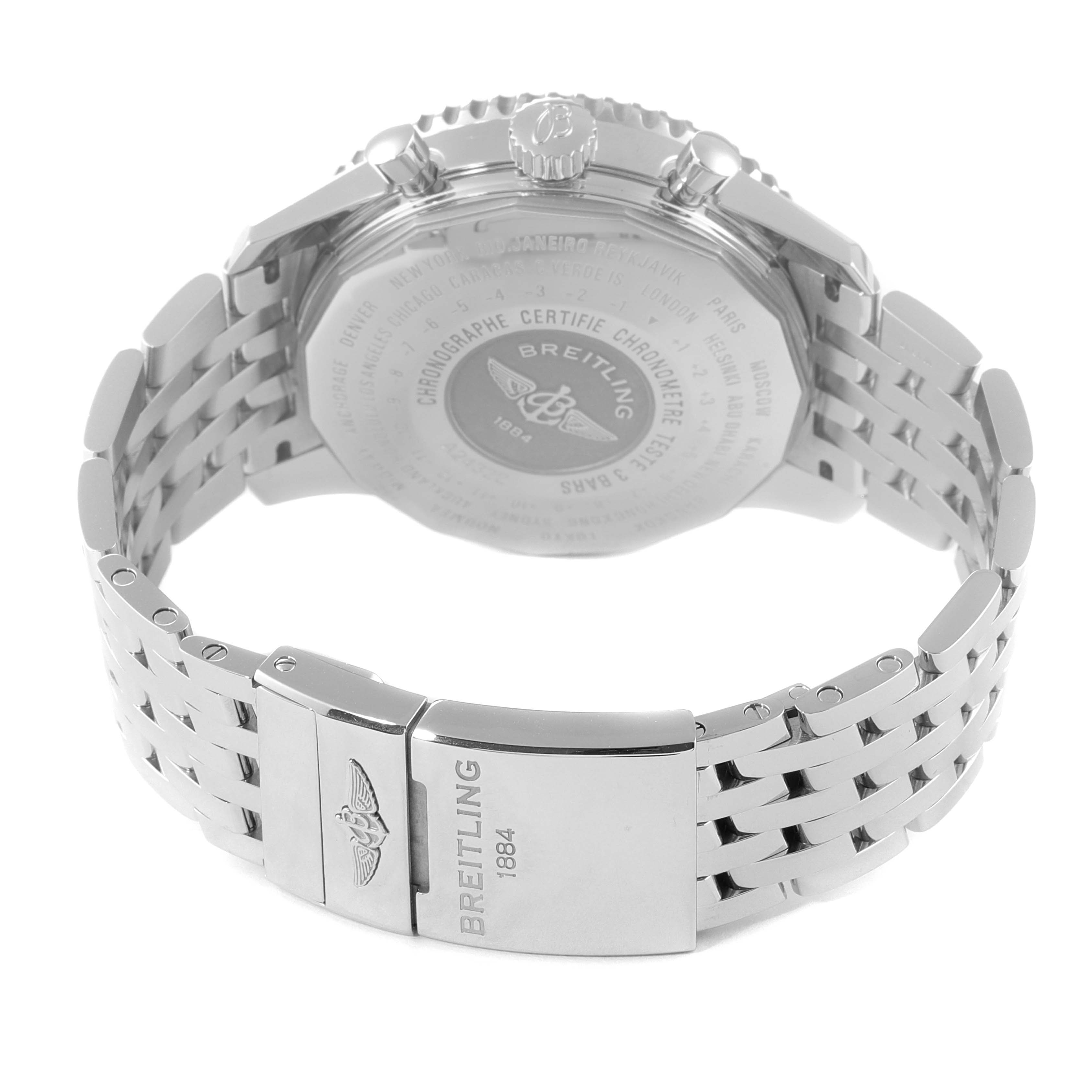 The image shows the back case and bracelet clasp of a Breitling Navitimer A24322 Men
s Stainless Steel Blue Dial A24322 Men
s Stainless Steel Blue Dial watch.