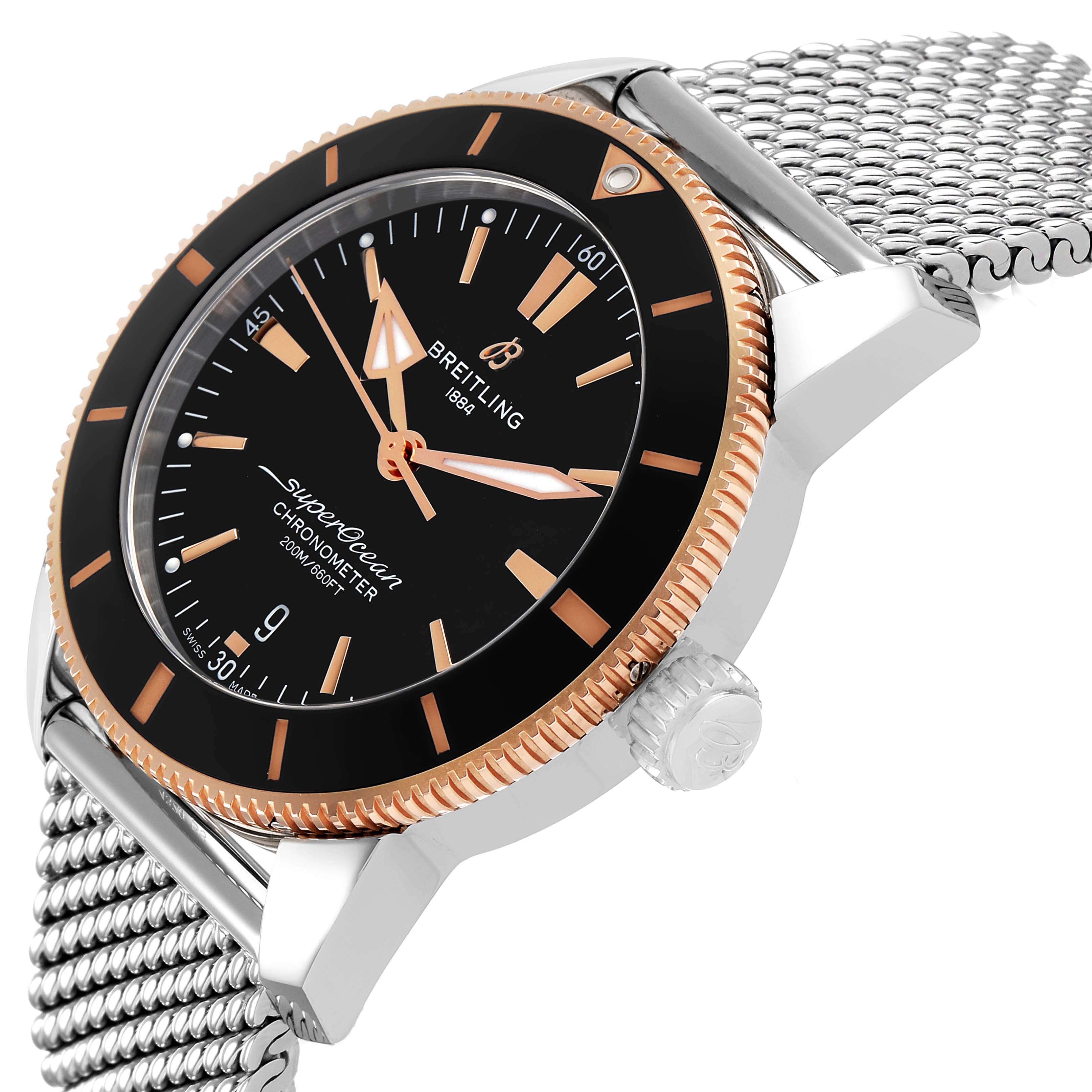 The Breitling Superocean UB2030 Men's Stainless Steel Black Dial watch is shown at a slight angle, highlighting the bezel, dial, crown, and mesh bracelet.
