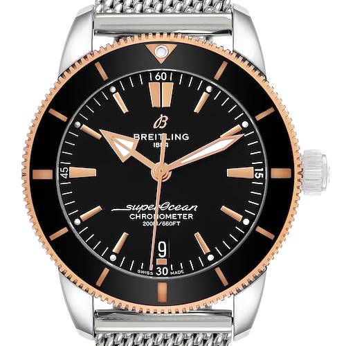 The Breitling Superocean UB2030 Men's Stainless Steel Black Dial watch is shown from a front angle, highlighting the dial, bezel, and part of the bracelet.