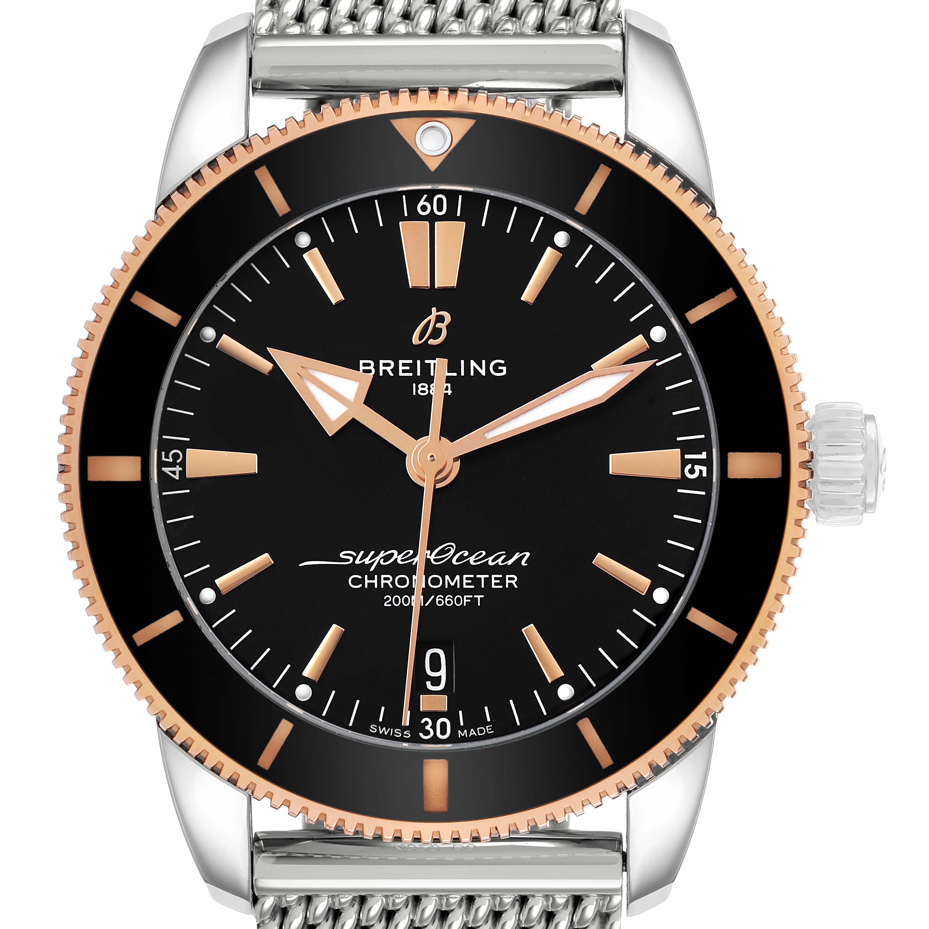 The image shows a Breitling Superocean UB2030 Men's Stainless Steel Black Dial watch from a front angle, highlighting its black dial, gold bezel, and metal bracelet.