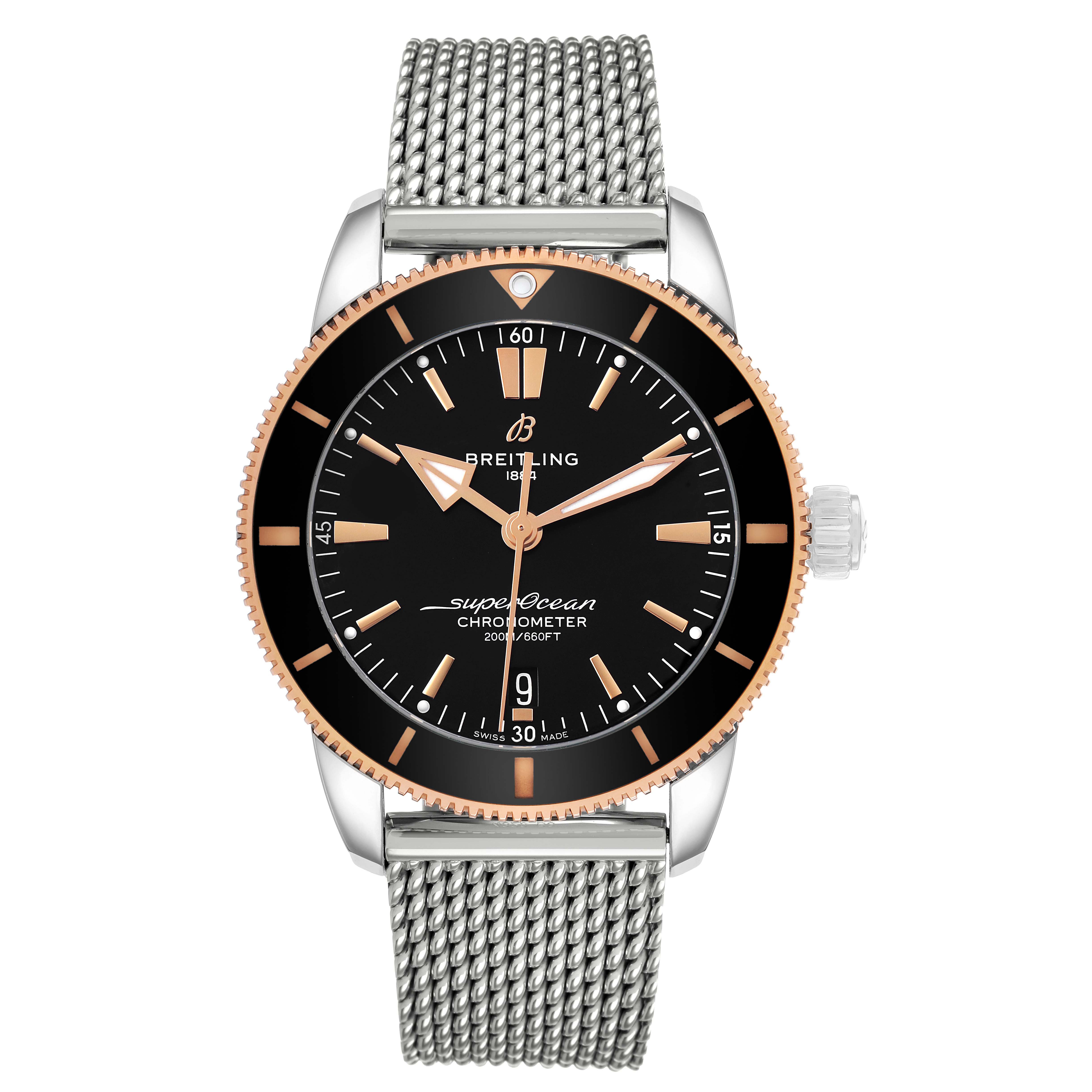 The Breitling Superocean UB2030 Men's Stainless Steel Black Dial watch is shown from the front, highlighting its black dial, silver mesh bracelet, and bezel details.