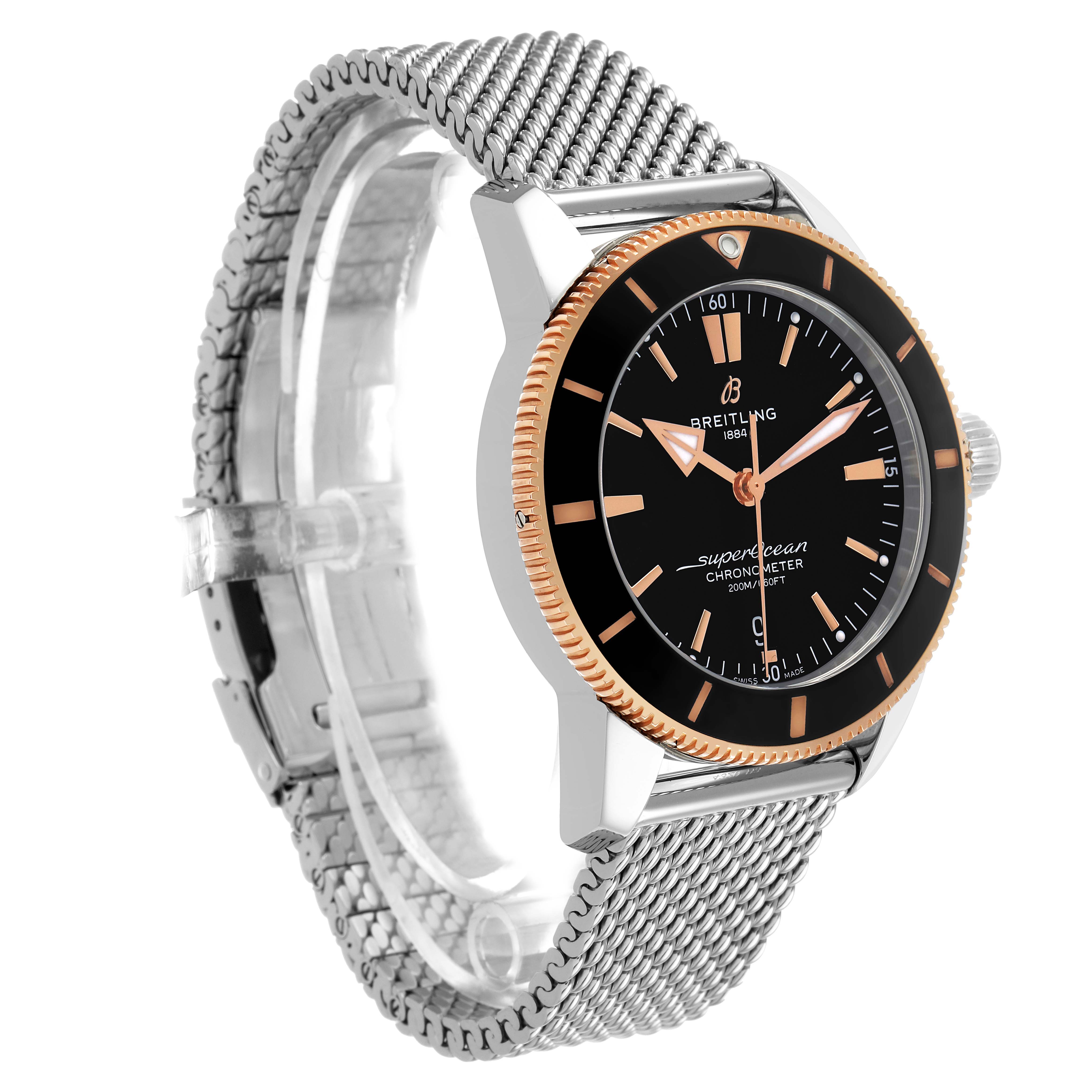 The Breitling Superocean UB2030 Men's Stainless Steel Black Dial watch is shown at a side angle, highlighting the case, dial, bezel, and mesh bracelet.