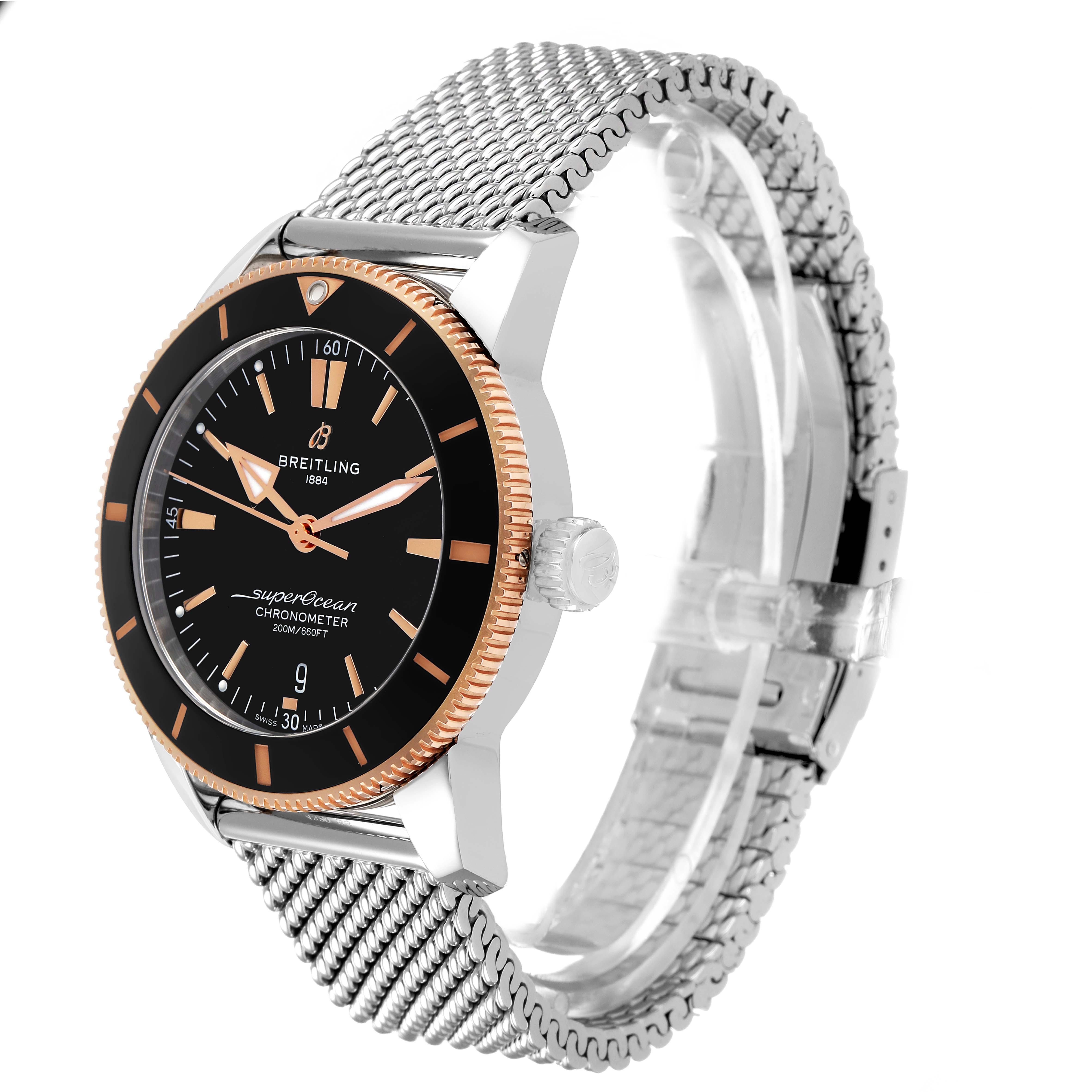 The Breitling Superocean UB2030 Men's Stainless Steel Black Dial watch is shown at a three-quarter angle highlighting the dial, case, bezel, crown, and mesh strap.