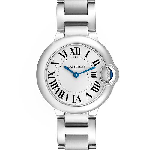 The Cartier Ballon Bleu W69010Z4 Women's Stainless Steel Black Dial watch is shown from the front, displaying its round face, Roman numerals, and metal bracelet.