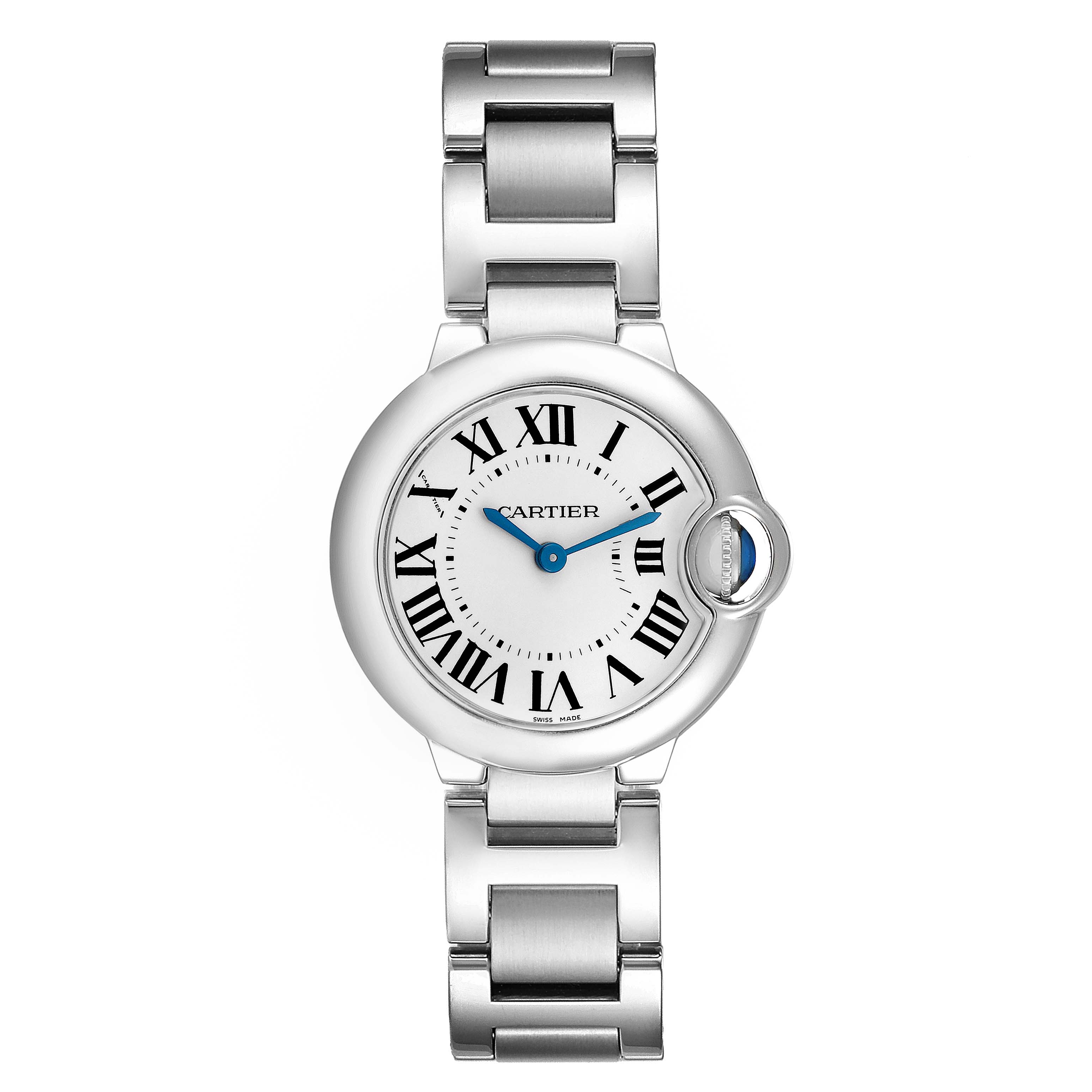 The Cartier Ballon Bleu W69010Z4 Women's Stainless Steel Black Dial watch is shown from a straight-on angle, displaying the face, Roman numerals, and metal bracelet.