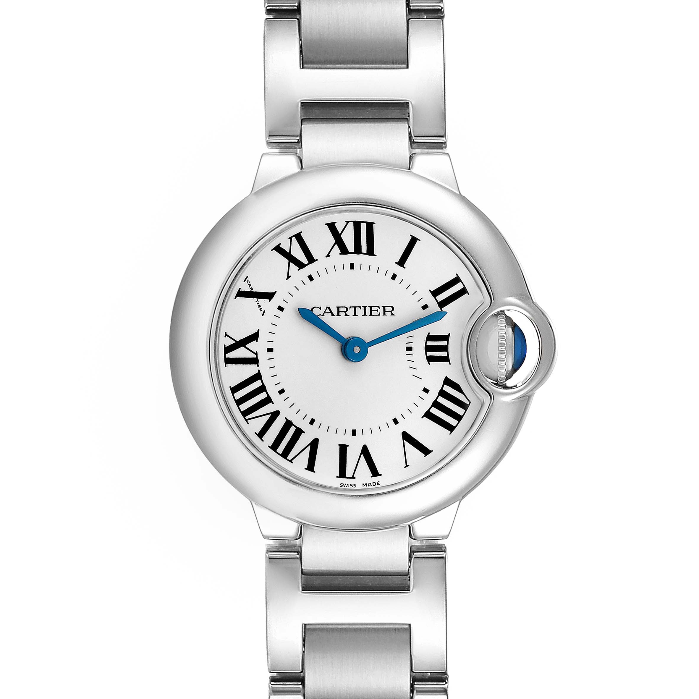 The Cartier Ballon Bleu W69010Z4 Women's Stainless Steel Black Dial watch is shown from the front, displaying the full face, Roman numerals, and metal bracelet.
